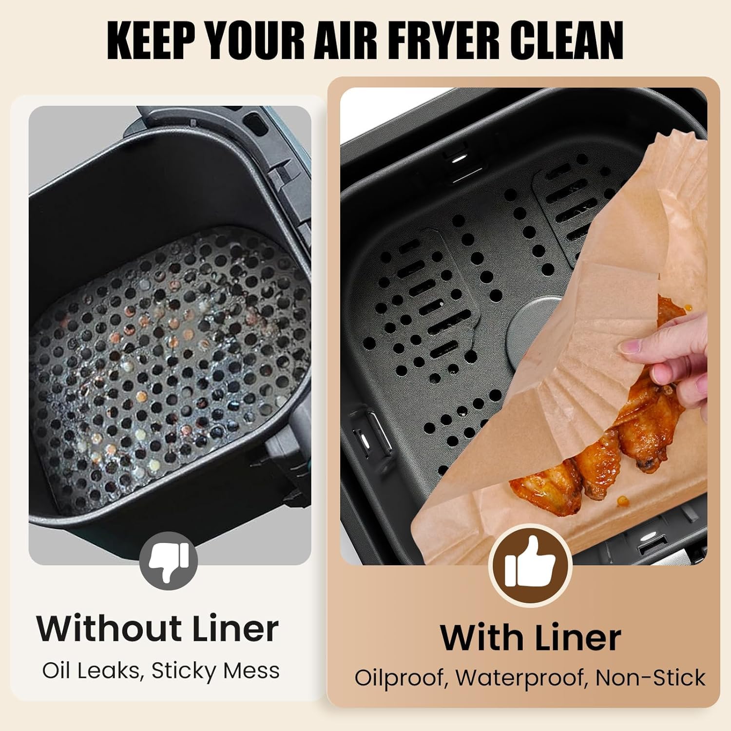 UCRAVO 100 PCS Air Fryer Paper Sheets Disposable Parchment Liners | Non-Stick Baking Paper | Heat Resistant Greaseproof Waterproof Air Fryer Tray Liners for Frying, Roasting, Microwave & Oven Cooking