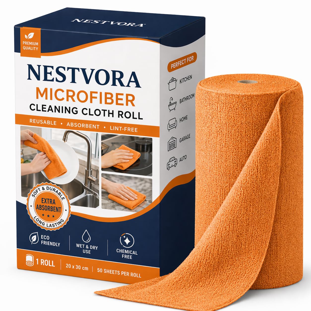 NESTVORA Reusable Microfiber Cleaning Cloth (1 ROLL, 50 Sheet, Orange), Home Reusable Towel, Micro Fiber Cleaning Cloth for Kitchen, Kitchen Cleaning Towel, Cleaning Wipes Roll