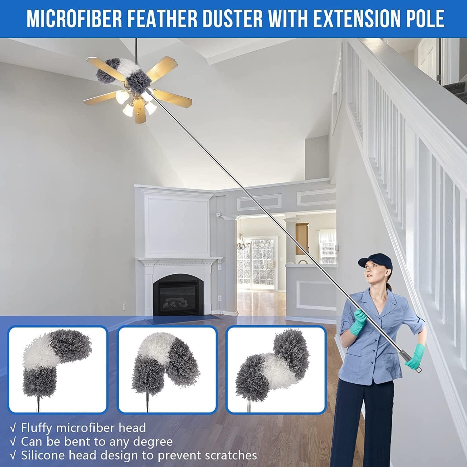 UCRAVO 3 in 1 Microfiber Feather Duster Set with 100 Inch Extendable Pole | 4 PCS Bendable Washable Fan Cleaning Brush for Ceiling Fans, High Ceilings, Cobwebs, Furniture, Walls & Home Dusting