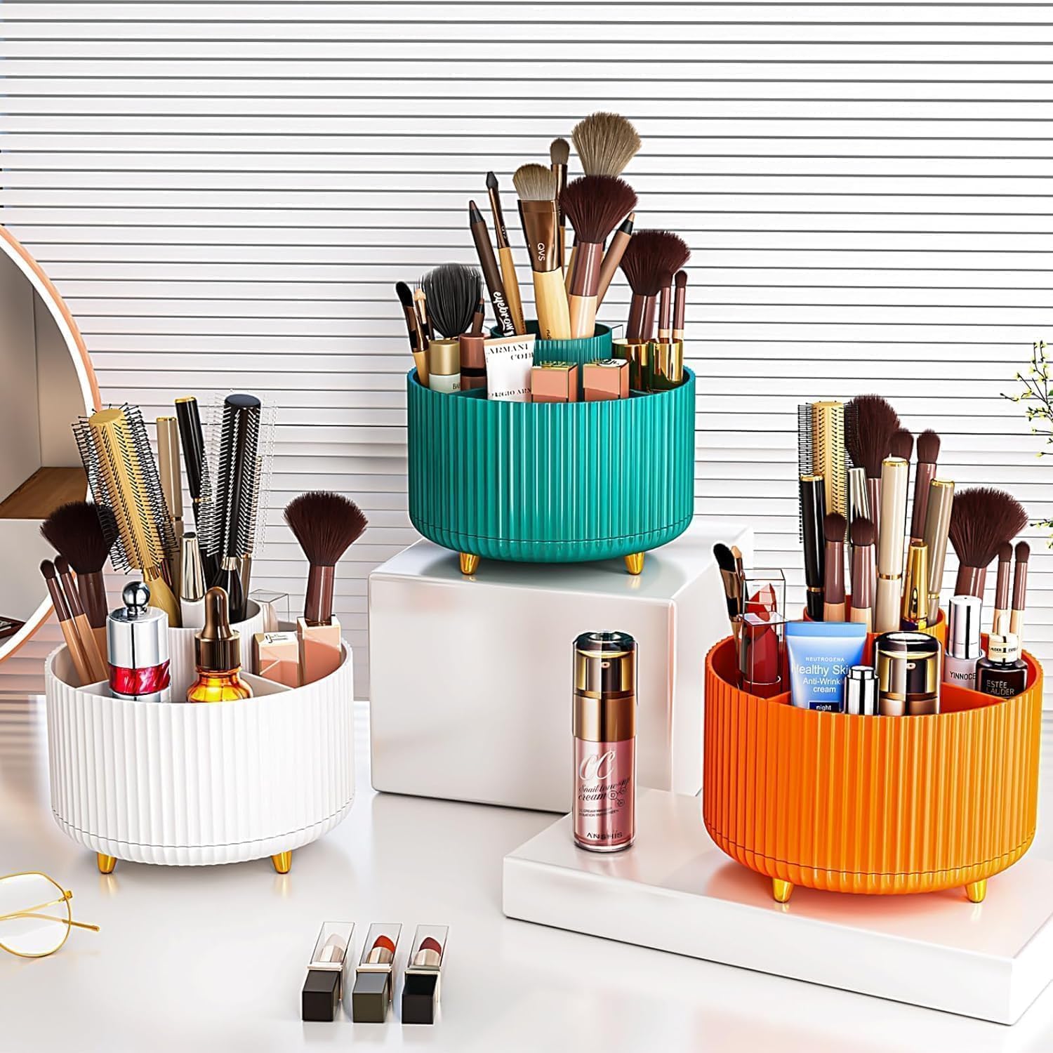 UCRAVO 360° Rotating Desk Organizer Pen Holder with 5 Compartments Spinning Pencil Holder for Desk Multipurpose Stationery Organizer for Office, School, Makeup & Art Supplies Desktop Storage (White)