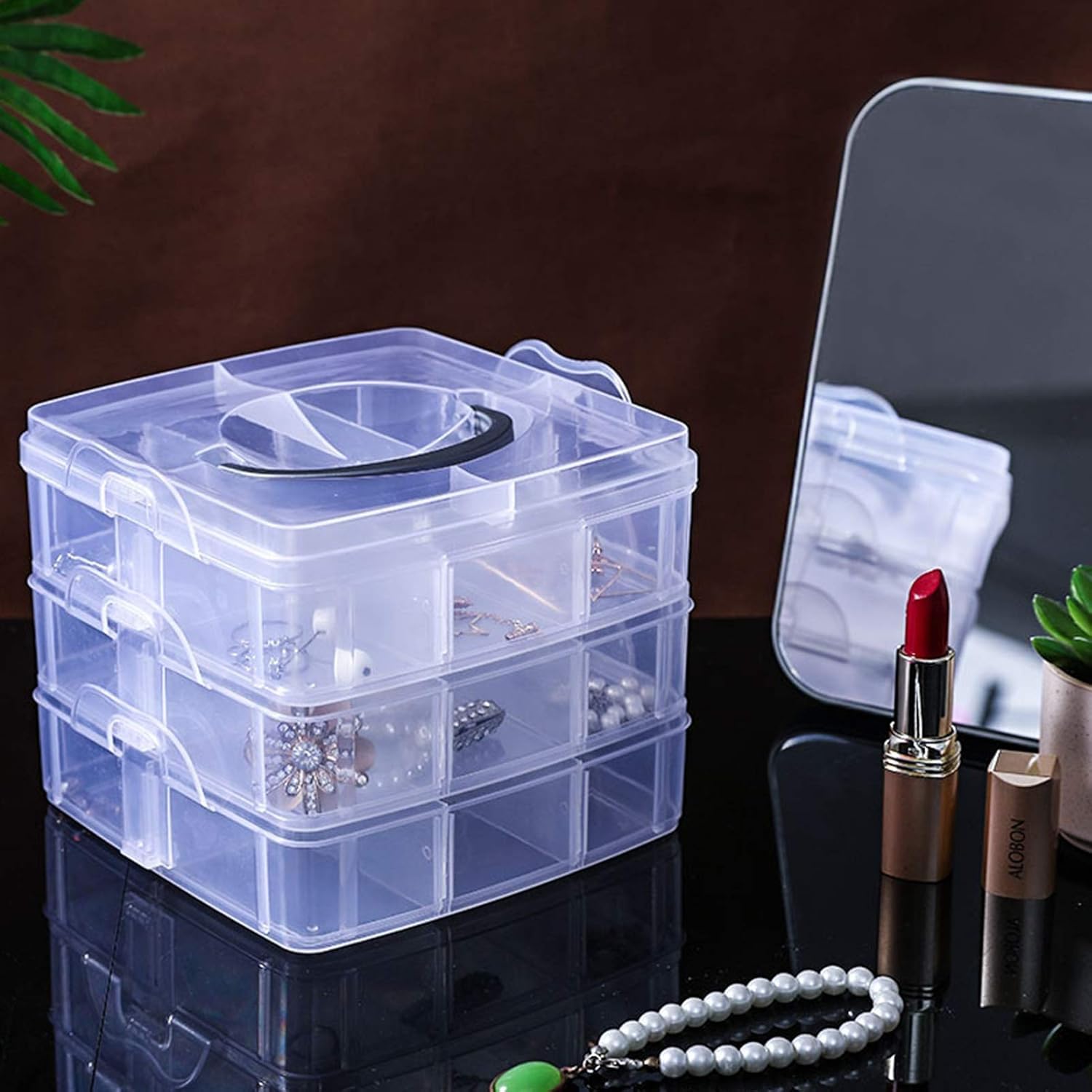 UCRAVO 1 PCS 18 Grid Detachable Desktop Storage Box Transparent Plastic Storage Box, 3 Layers Jewelry Organizer Holder Cabinets for Small Objects DIY Desktop Organizer Holder Box (WHITE)