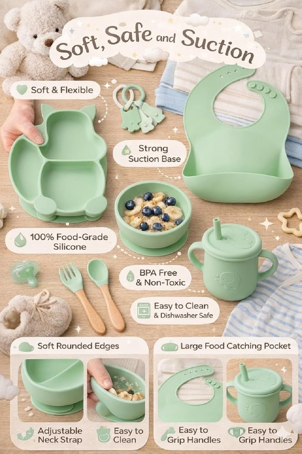 UCRAVO Green Silicone Baby Feeding Set 6 Piece Toddler Feeding Supplies with Anti Slip Suction Bowl & Plate, Waterproof Adjustable Bib,Resistant Straw Cup, Baby Training Spoon & Fork for Self Feeding