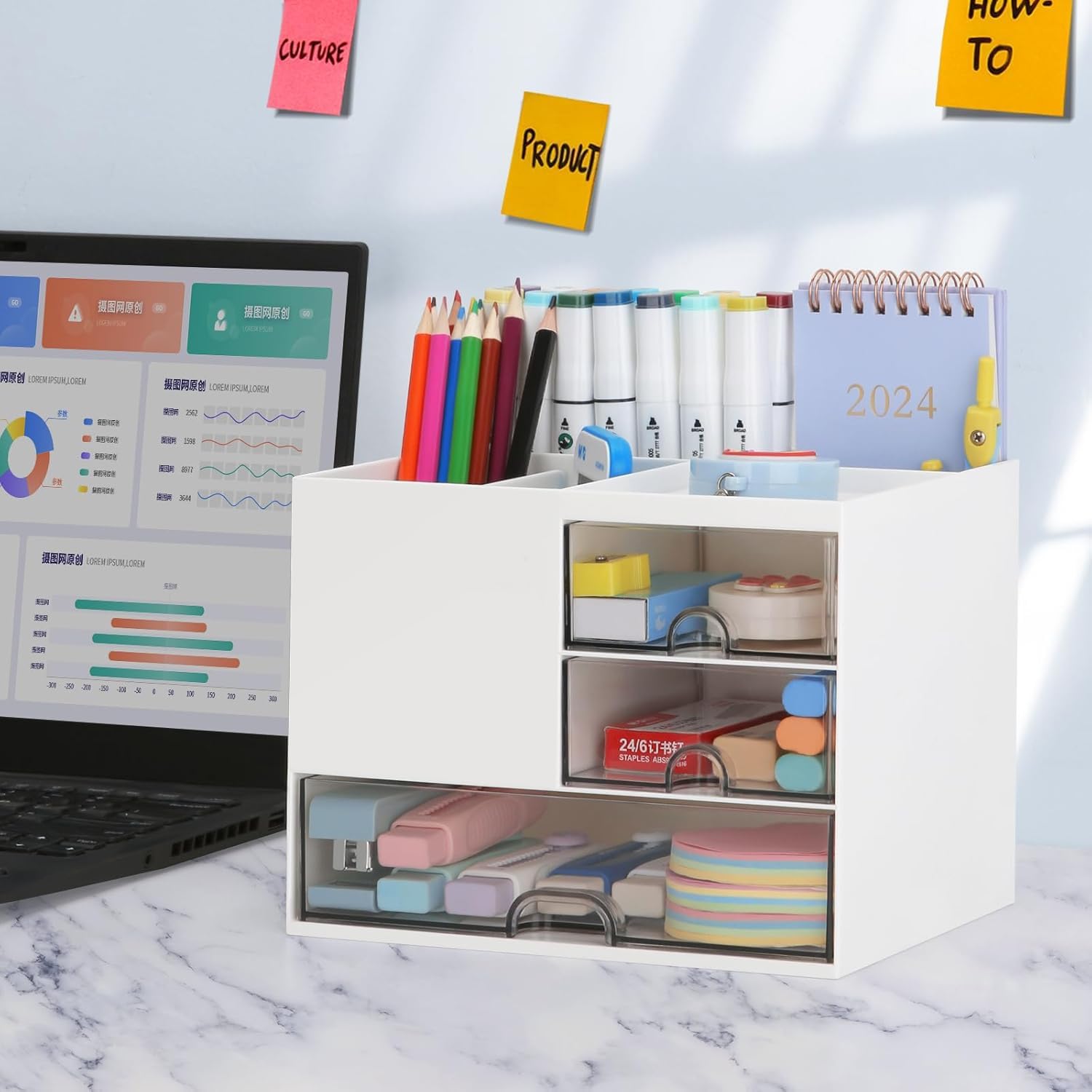 UCRAVO Multifunction Desk Organzier with Drawers, Cosmetic/Makeup Vanity Organizer Box, 3 Drawers Plastic Stationary Storage Organzier, Desktop Storage Drawers for Office Supplies,School,Home (White)