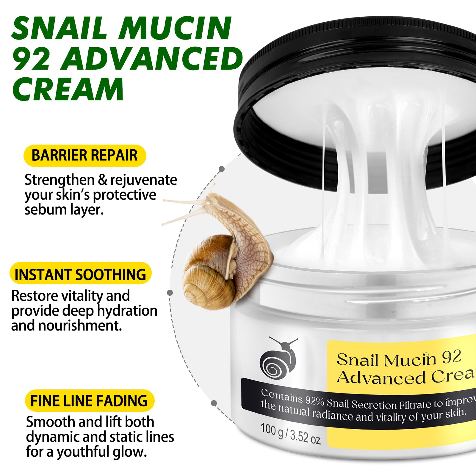 Snail Mucin 92% Repair Serum Cream - Face Moisturizer Hydrating Anti Age Firming Wrinkle Reduction Daily Repair Snail Mucin Face Cream for Dry & Sensitive Skin, All Skin Types-100 g/3.52 oz