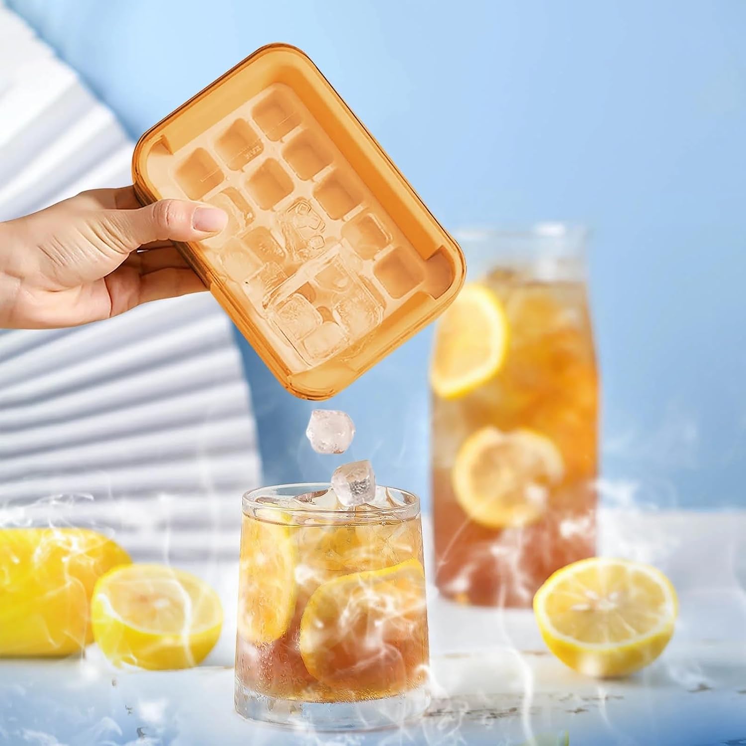 UCRAVO 15 Grid Square Ice Cube Tray with Lid & Storage No-Spill Leak-Proof Ice Maker Tray | Easy Press Release BPA-Free Plastic Freezer Ice Tray for Water, Lemon Juice, Cocktails, Whiskey,Cold Coffee
