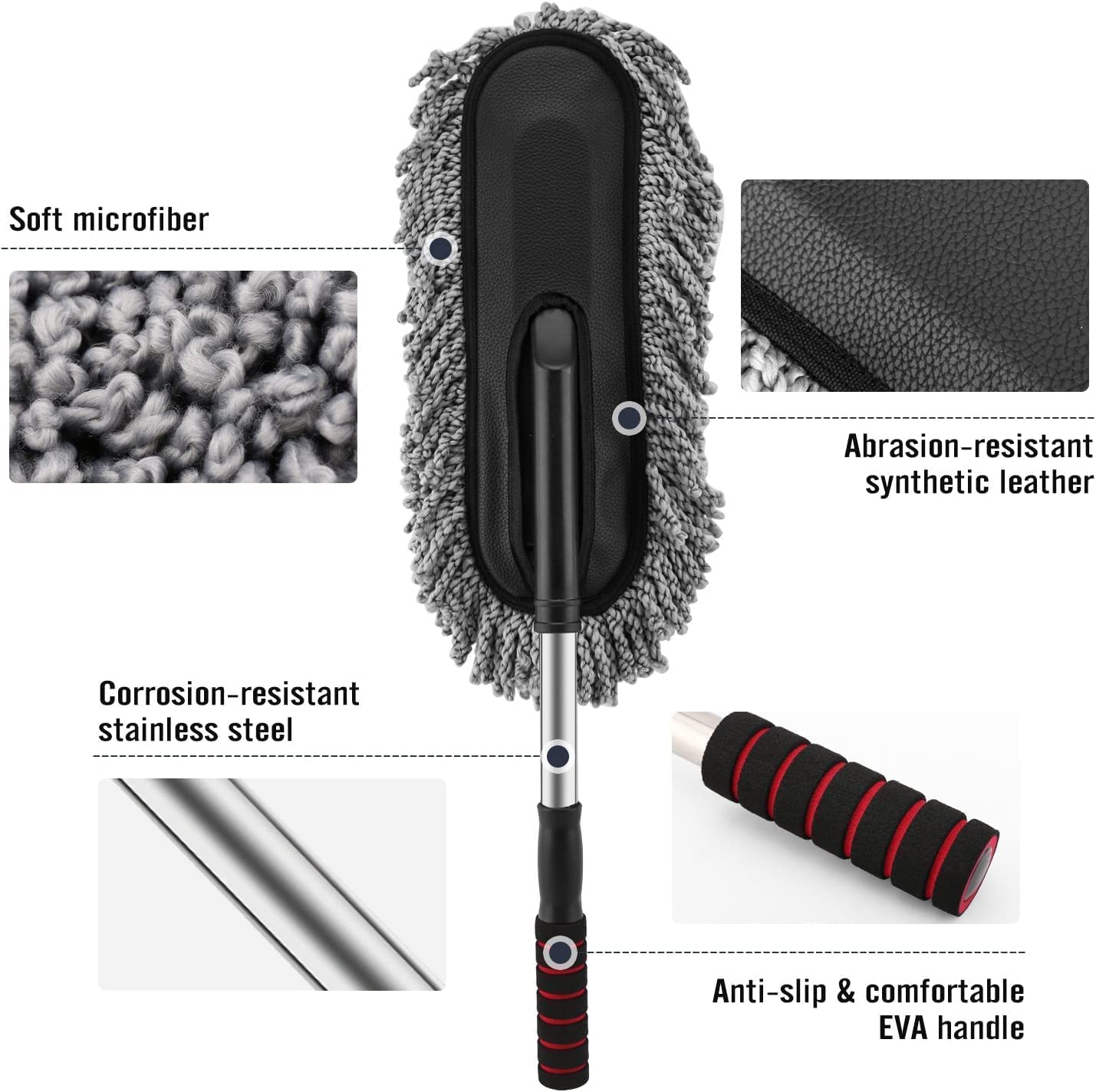 UCRAVO 1 PCS Car Duster, Extendable Long Handle Microfiber Car Duster Exterior Scratch Free Car Cleaning Tool, Car Dust Brush for Truck (Car Cleaning Duster), Black