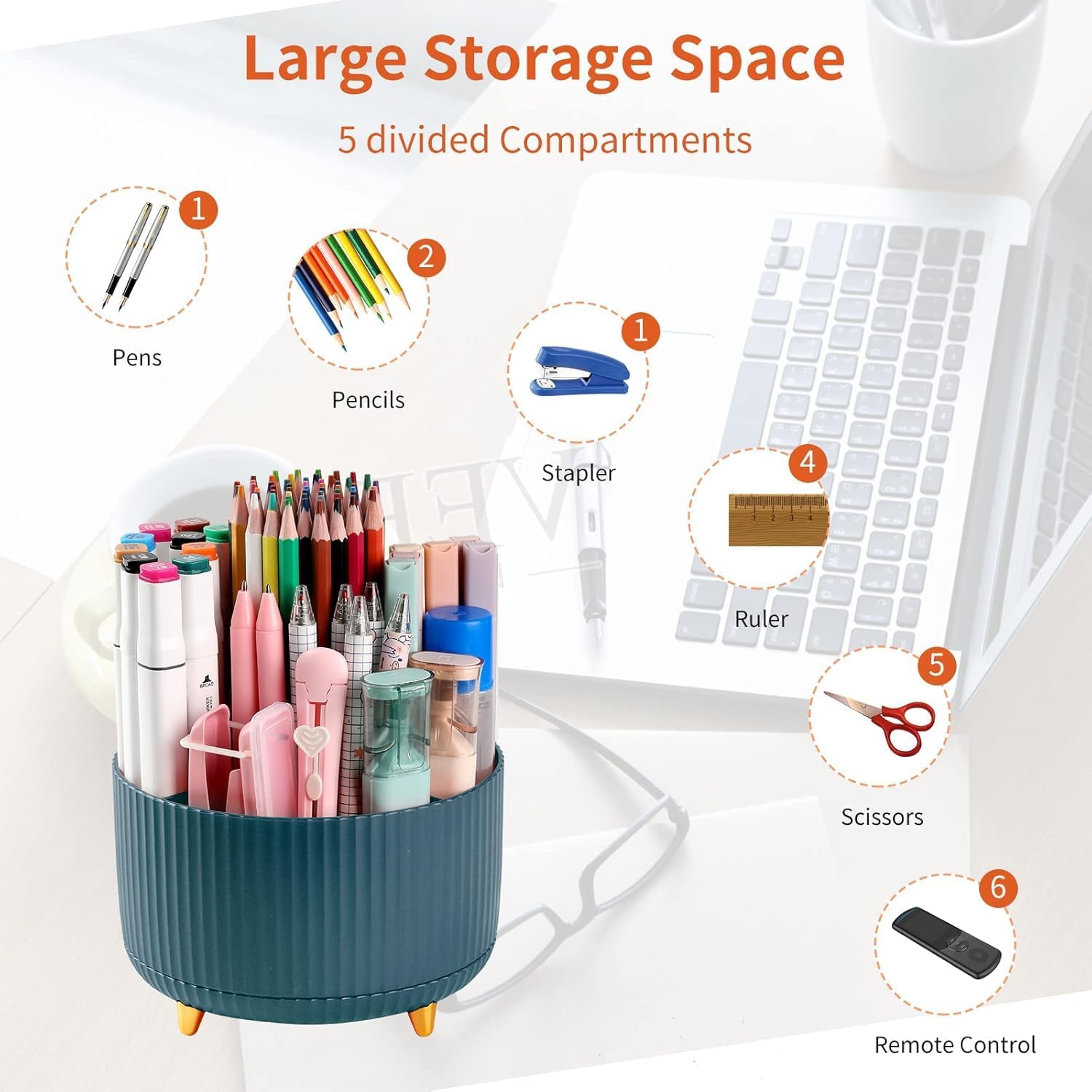 UCRAVO 360° Rotating Pen Holder for Desk with 5 Compartments – Desk Organizer for Office Supplies, Pencil Holder Stand, Stationery Organizer, Makeup Brush Holder, Art Supply Storage Box Caddy – Green