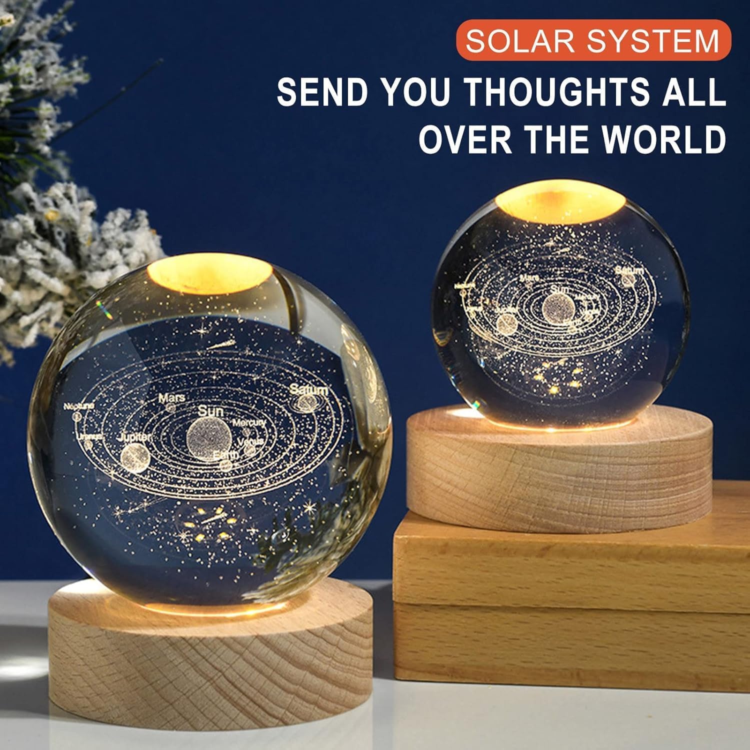 UCRAVO 3D Galaxy Crystal Ball with Wooden Base, 3D Crystal Ball Solar System, Planet Engraved Glass Ball Cosmic Model, Luminous Crystal Ball for Christmas Nightlight Astronomy Gifts for Kids Birthday