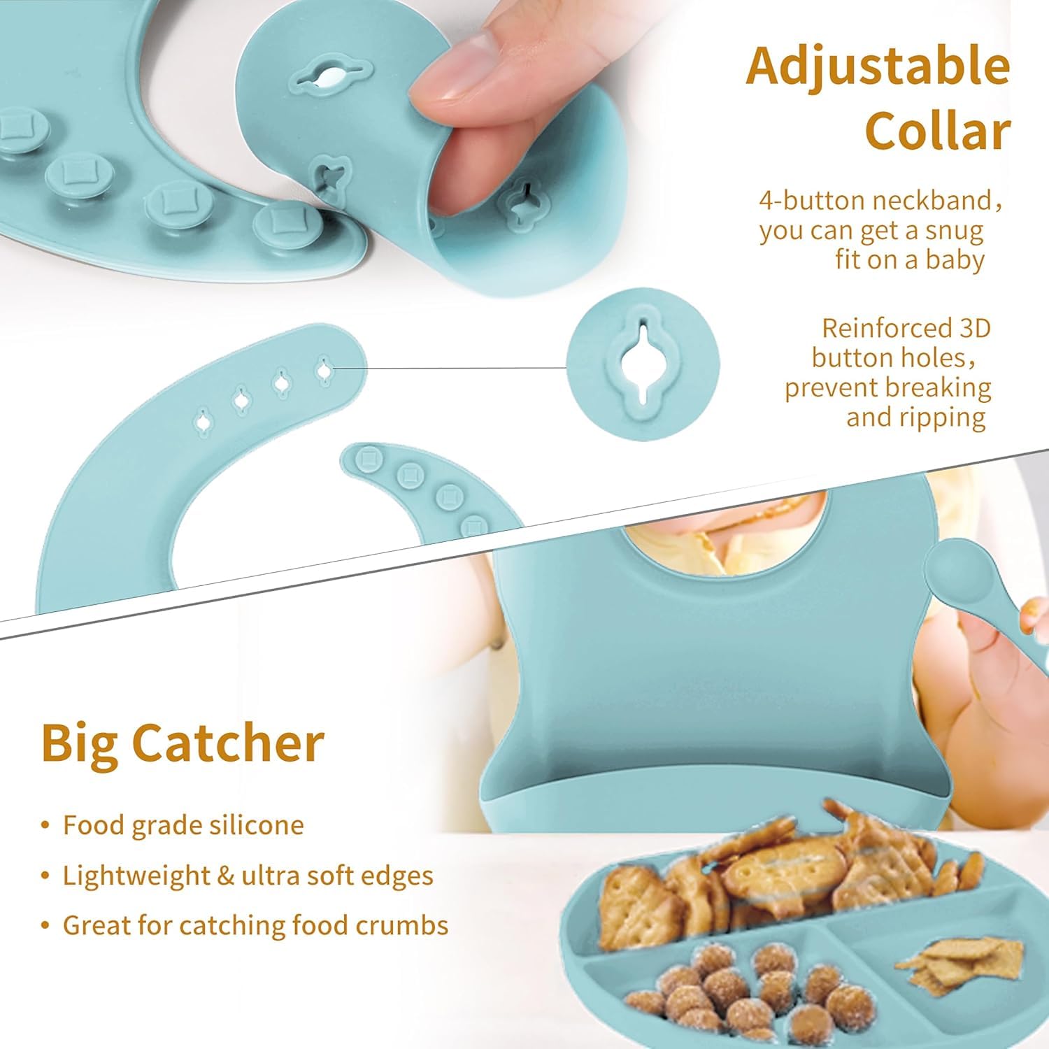 UCRAVO Baby Silicone Feeding Bib with Extra Wide Food Catch Pocket 100% Waterproof & BPA-Free Soft Silicone Toddler Bibs – Adjustable Neck Snap Buttons Mess-Free Reusable & Dishwasher Safe Bib - Blue