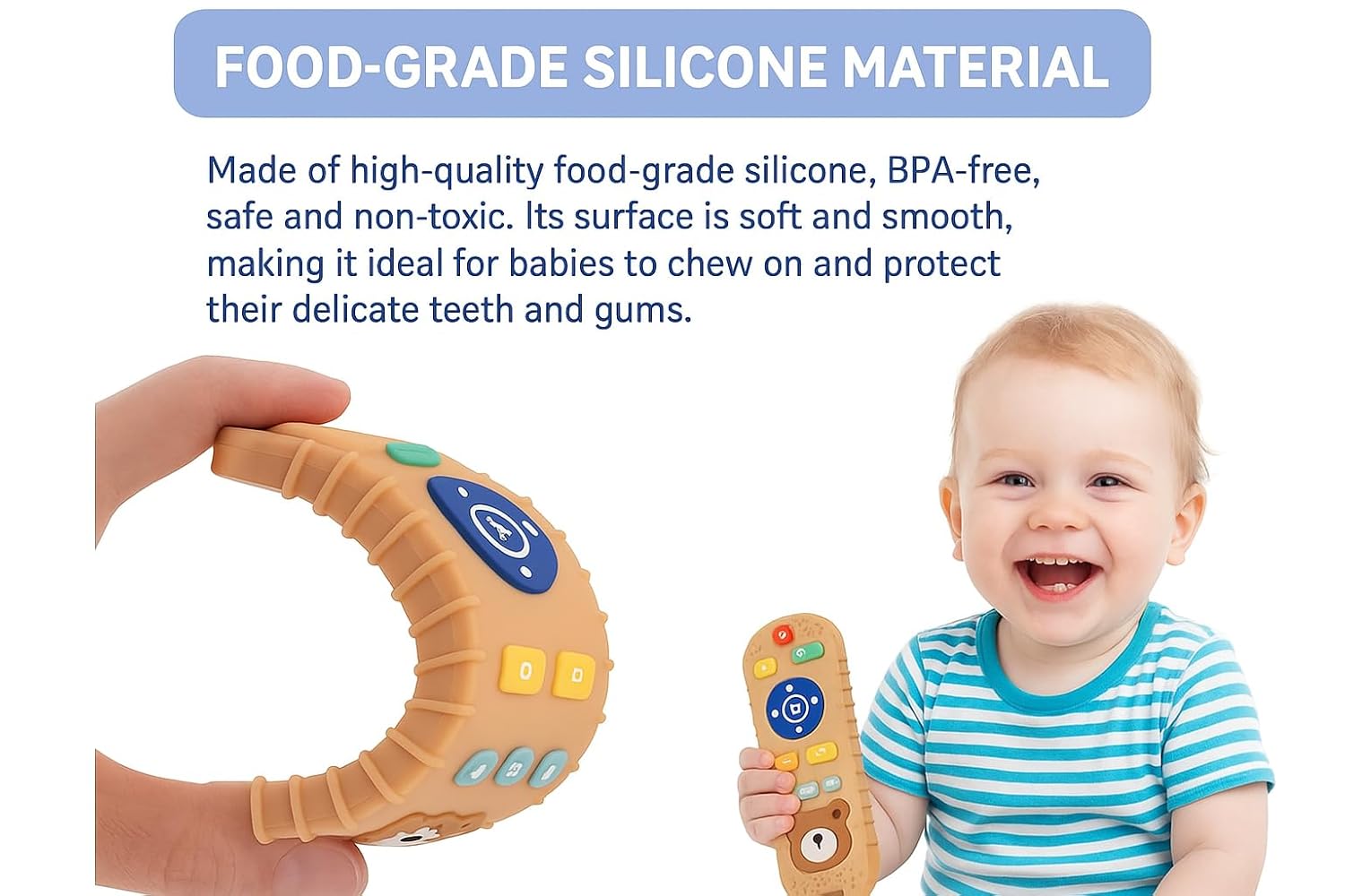 UCRAVO Remote Control Silicone Teether for Baby | Food Grade TV Remote Shape Teething Toy | Soft, Easy-to-Clean, Sensory Relief Chewing,Biting Toy for Infants & Toddlers, Babies (3–18 Months)-Beige
