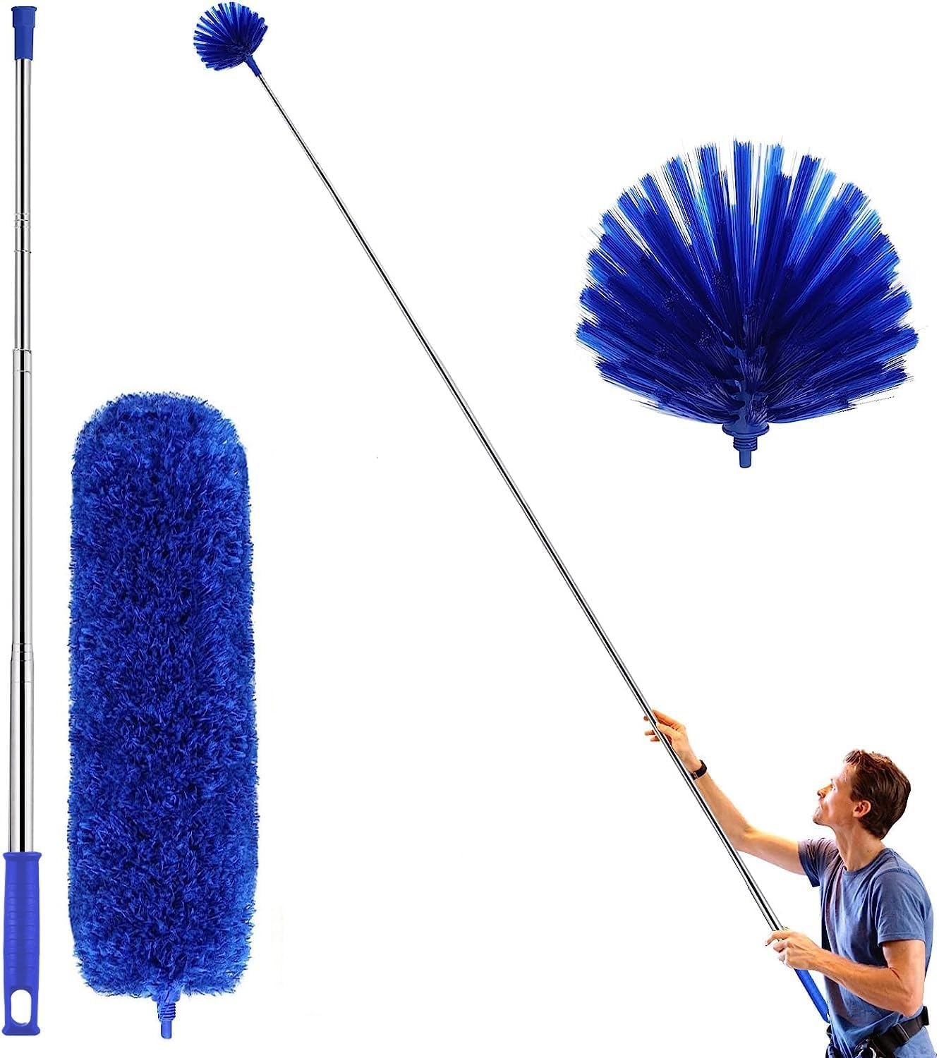 UCRAVO 2025 Upgraded Fan Cleaning Mop Microfiber Duster with Extension Pole(Stainless Steel), Extra Long 100 inches, with Bendable Head, Extendable Duster for Cleaning High Ceiling Fan, Interior Roof