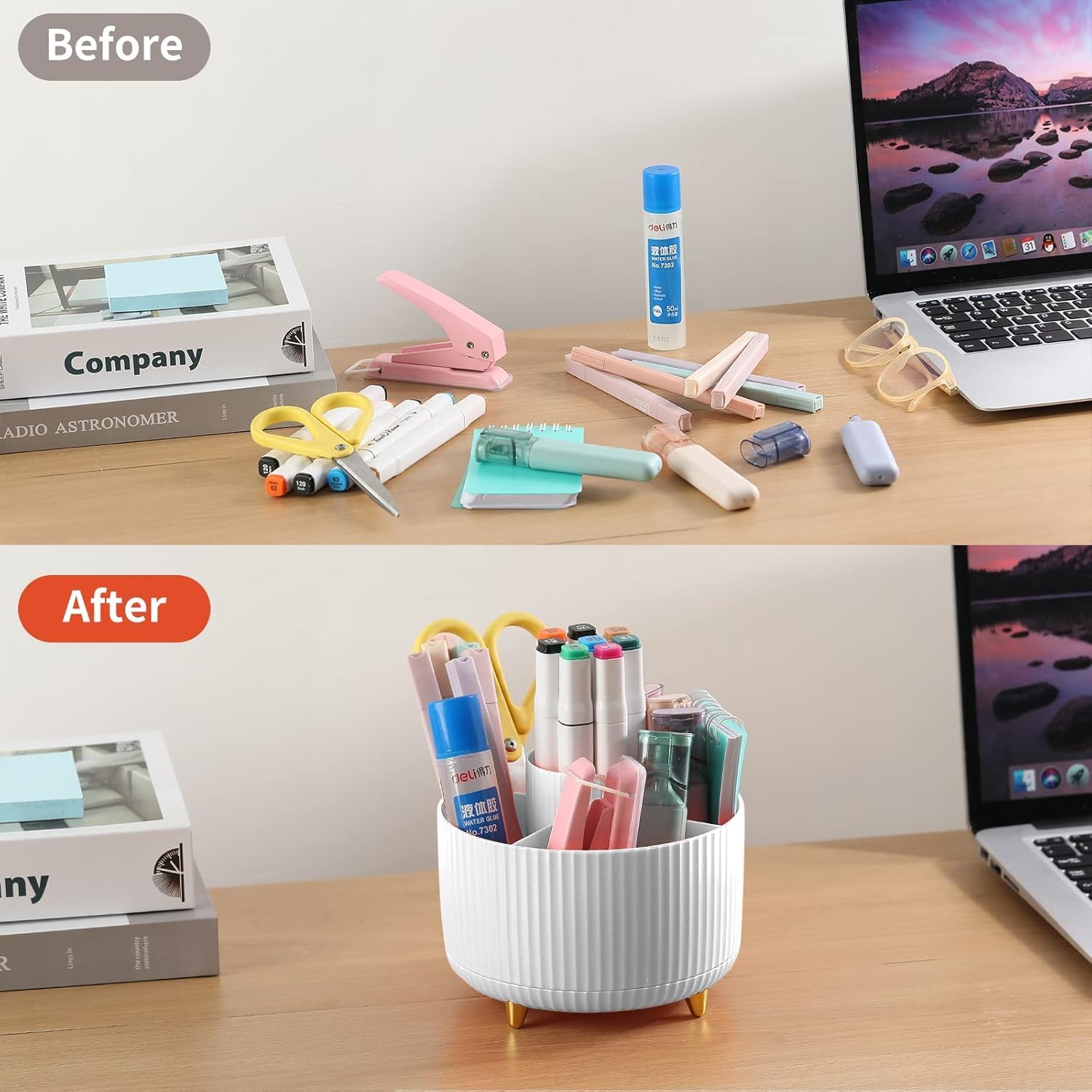UCRAVO 360° Rotating Desk Organizer Pen Holder with 5 Compartments Spinning Pencil Holder for Desk Multipurpose Stationery Organizer for Office, School, Makeup & Art Supplies Desktop Storage (White)