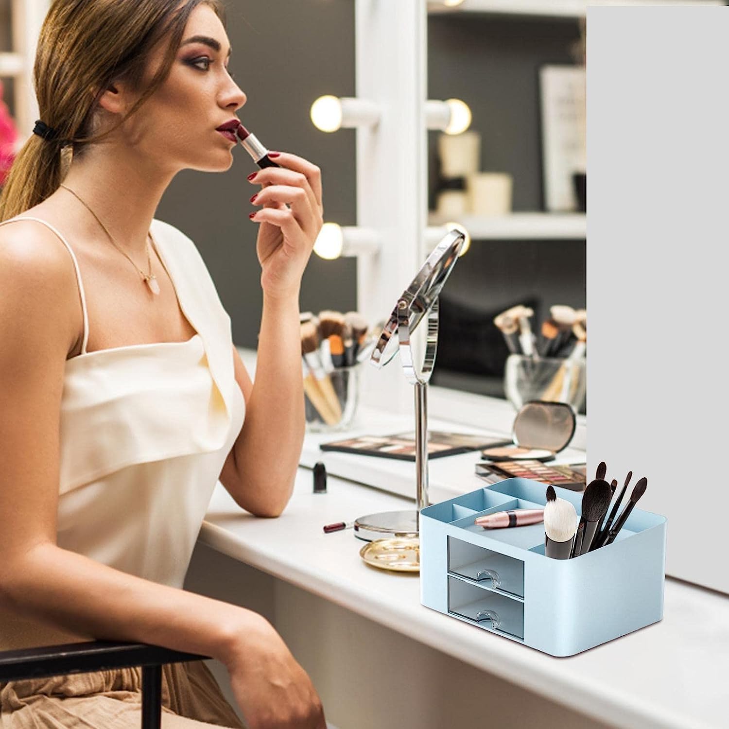 UCRAVO Stylish Stackable Desk Organizer with 2 Drawers and 5 Compartments– Multi-Functional Desktop Storage Box with Pen Holder for Home, Office, School, Craft Supplies, and Art Stationery - Blue