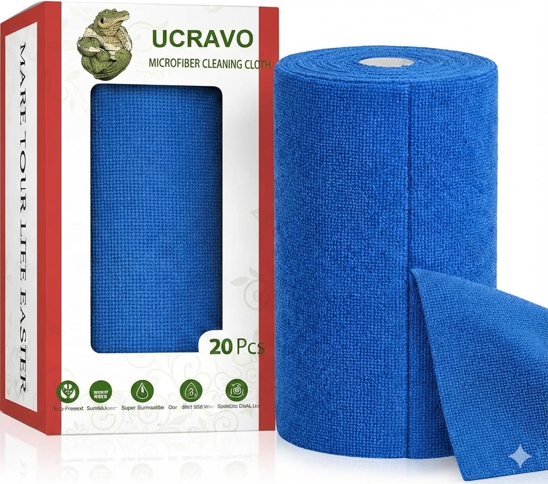 UCRAVO 1 Roll 20pcs Blue Microfiber Cleaning Cloth Roll - Reusable & Washable Tear-Away Kitchen Towel Roll | Ultra Soft Cleaning Cloths for Home Office Electronics & Car Cleaning | Lint Free Wipes