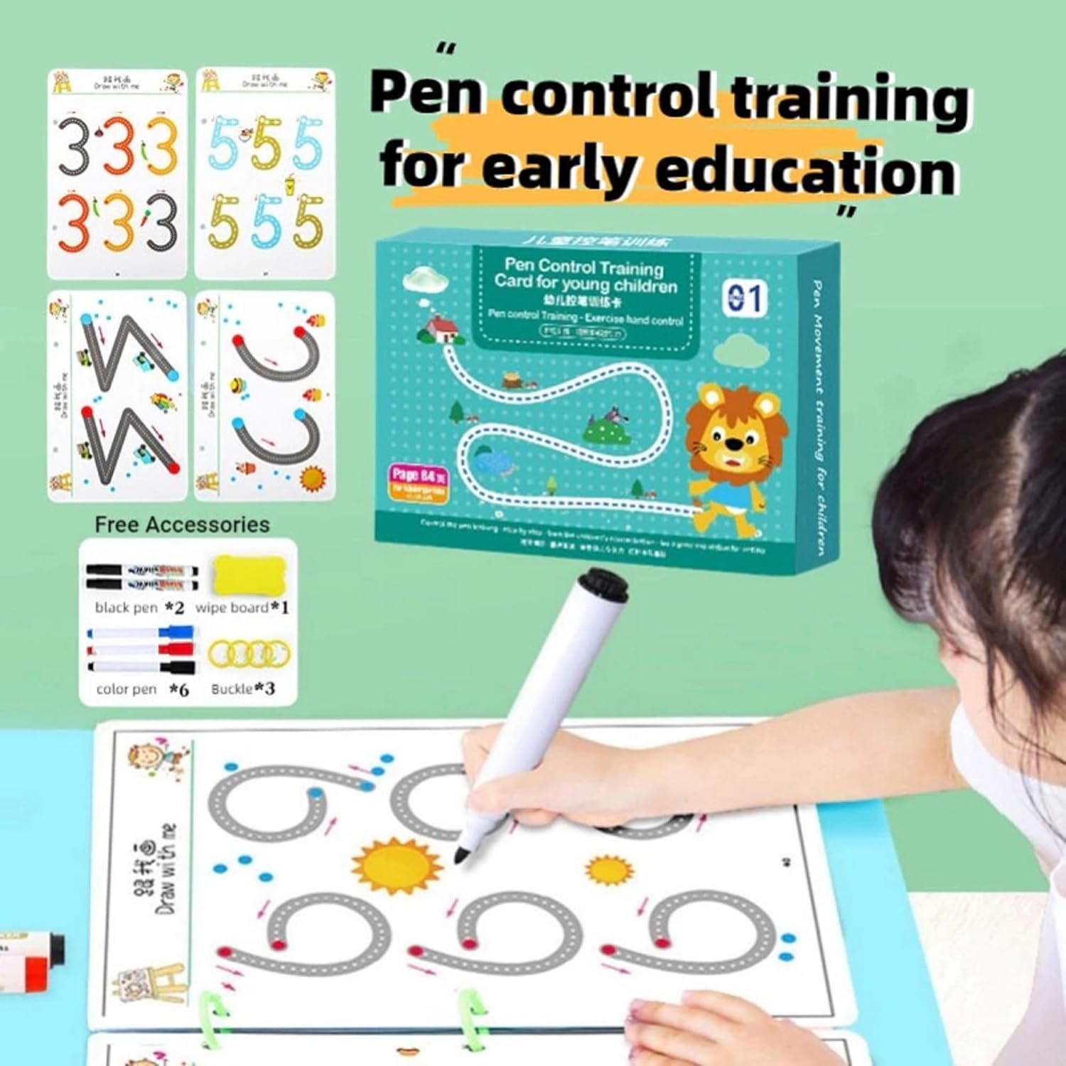 UCRAVO Pen Control Training Cards for Kids | 64 Pages Reusable Early Learning Writing Practice Book | Preschool Handwriting Workbook | Drawing, Tracing, Number & Pattern Learning for Children