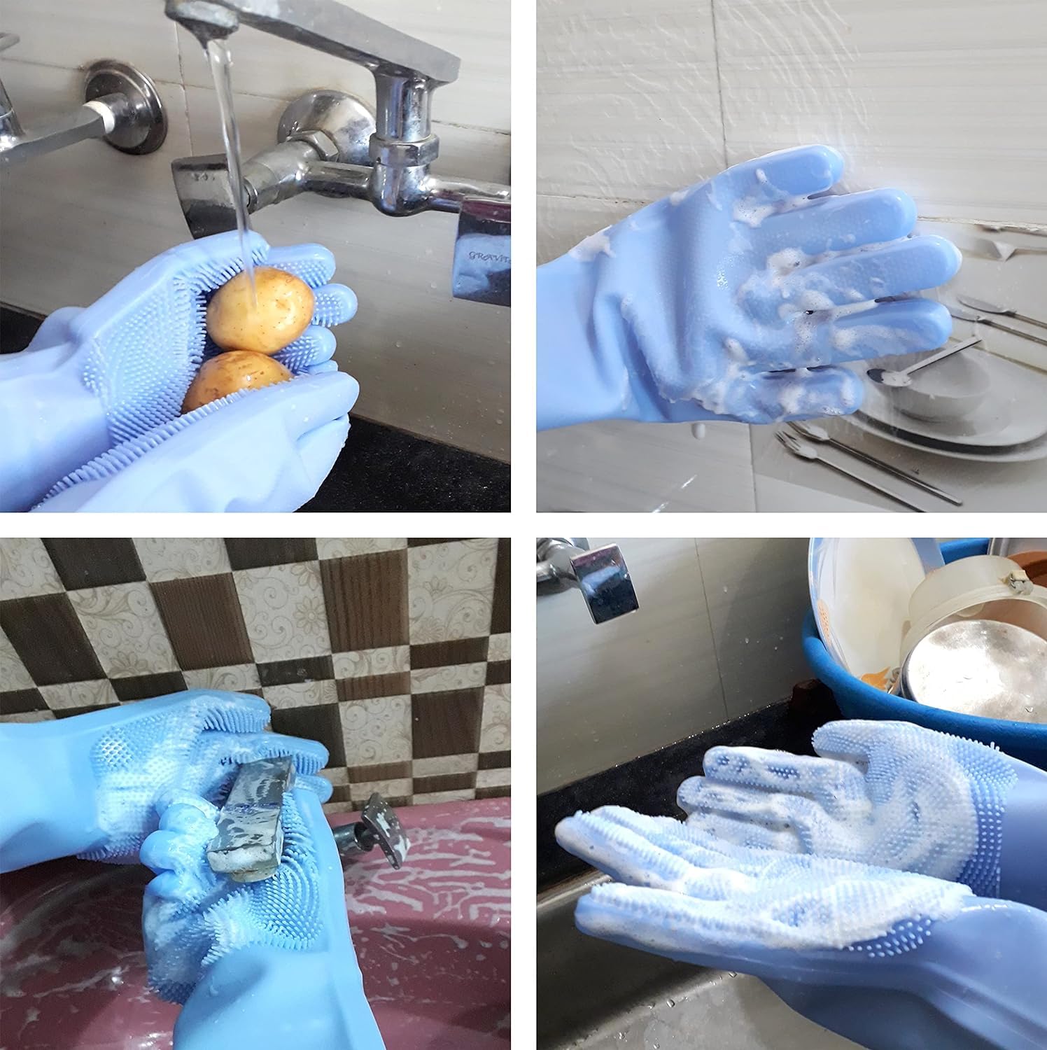 UCRAVO Magic Dishwashing Cleaning Sponge Scrubbing Gloves Food Grade Silicone Dishwashing, Carwash, Pet Bathing, Multi-Purpose Cleaning Gloves Pet Bath Massage Gloves, Anti-Bite Hand Guard