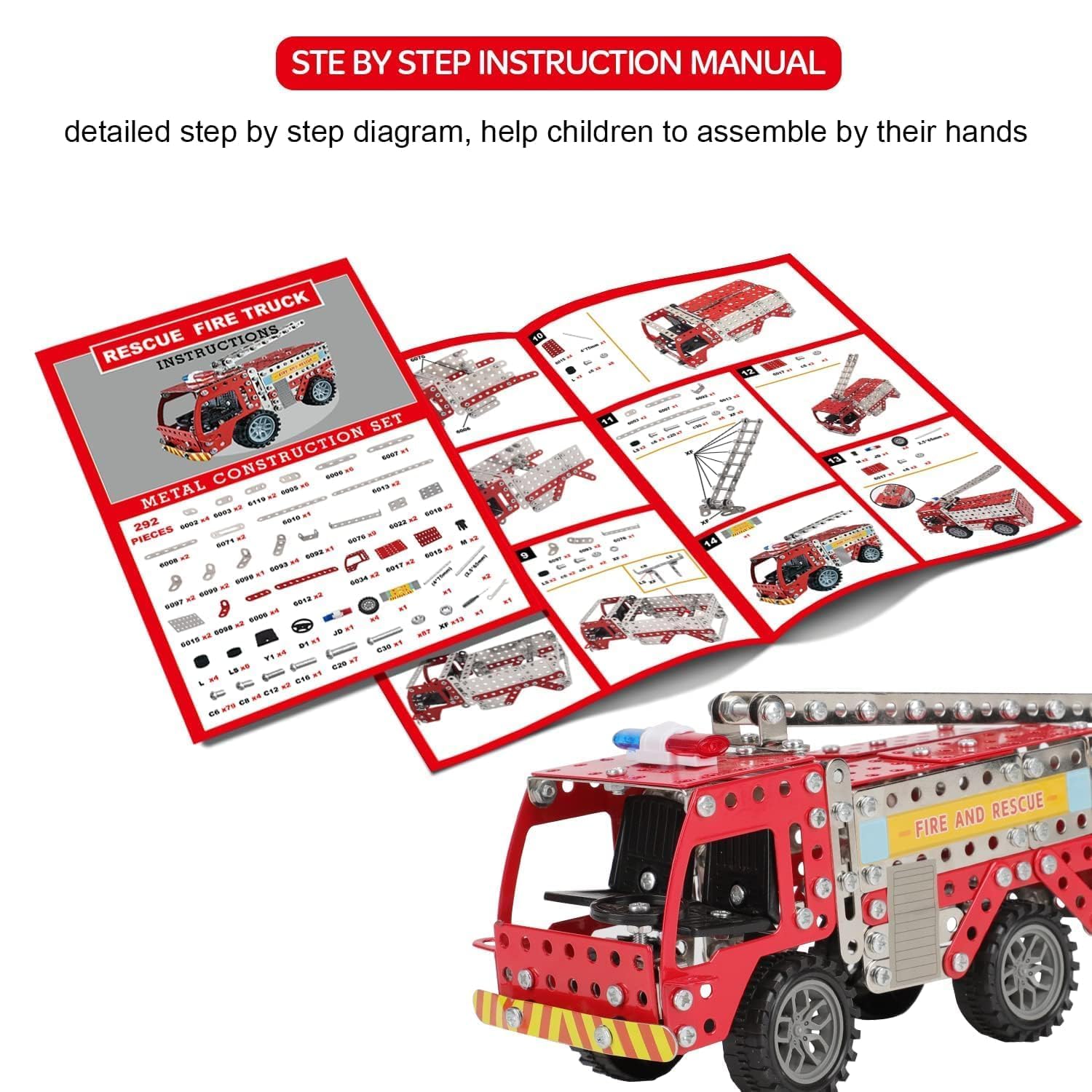 UCRAVO Rescue Fire Truck STEM Building Kit for Kids 7+ Metal Construction Toy Set with Tools Mechanical Engineering Educational Learning Toy DIY Assembly Fire & Rescue Vehicle Model for Boys & Girls
