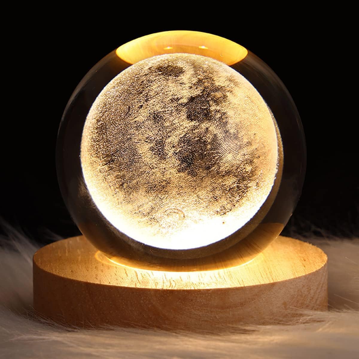 UCRAVO 3D Galaxy Crystal Ball with Wooden Base, 3D Crystal Ball Solar System, Planet Engraved Glass Ball Cosmic Model, Luminous Crystal Ball for Christmas Nightlight Astronomy Gifts for Kids Birthday