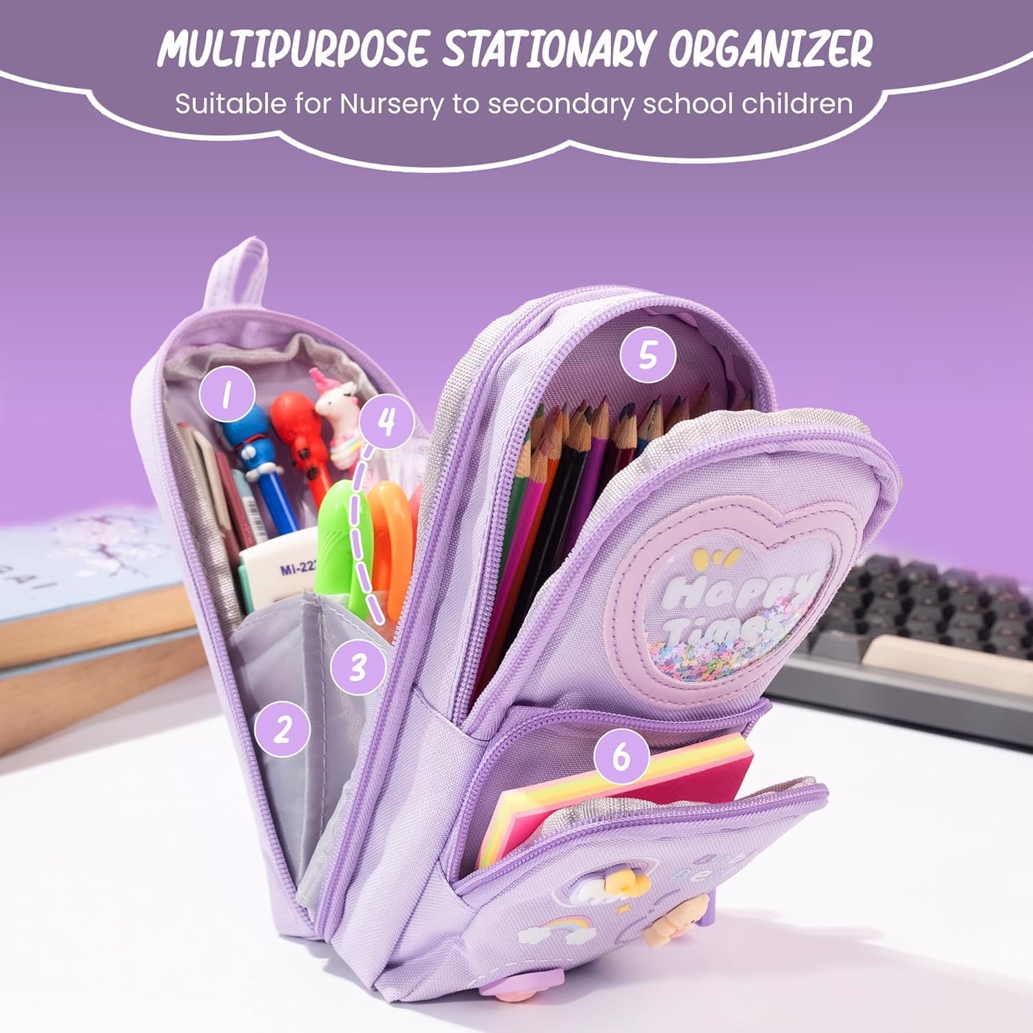 UCRAVO Canvas Premium Pencil Case, 6 Layer Large Capacity Pouch with 3 Compartments | Cute Aesthetic Design for Girls, Students & School Kids | Multifunctional Stationery Organizer & Storage