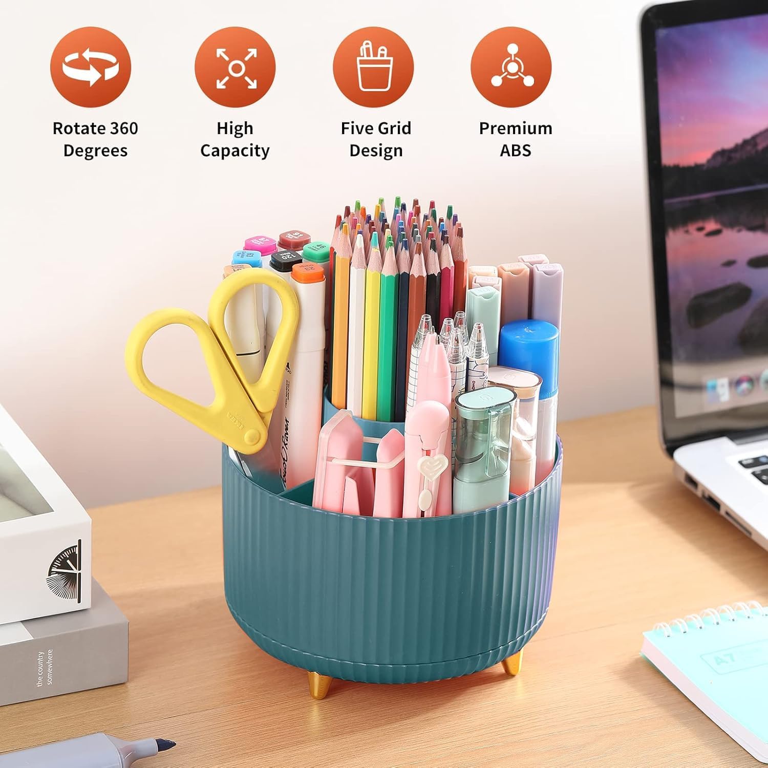 UCRAVO 360° Rotating Pen Holder for Desk with 5 Compartments – Desk Organizer for Office Supplies, Pencil Holder Stand, Stationery Organizer, Makeup Brush Holder, Art Supply Storage Box Caddy – Green