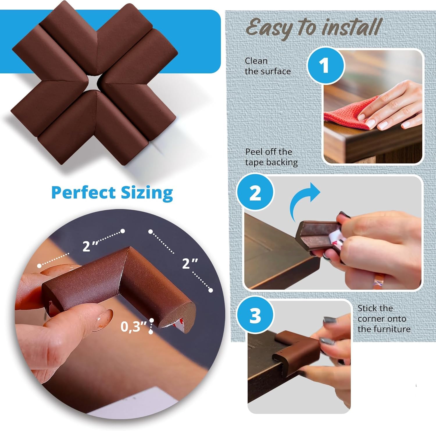 UCRAVO 8 pcs Brown Baby Safety Table Corner Protectors, Furniture Corner and Edge Safety Bumpers, Soft Rubber Foam Cushion Covers, 3M Taped Corner Guards, Baby Child Proofing Pads Rubber Corners