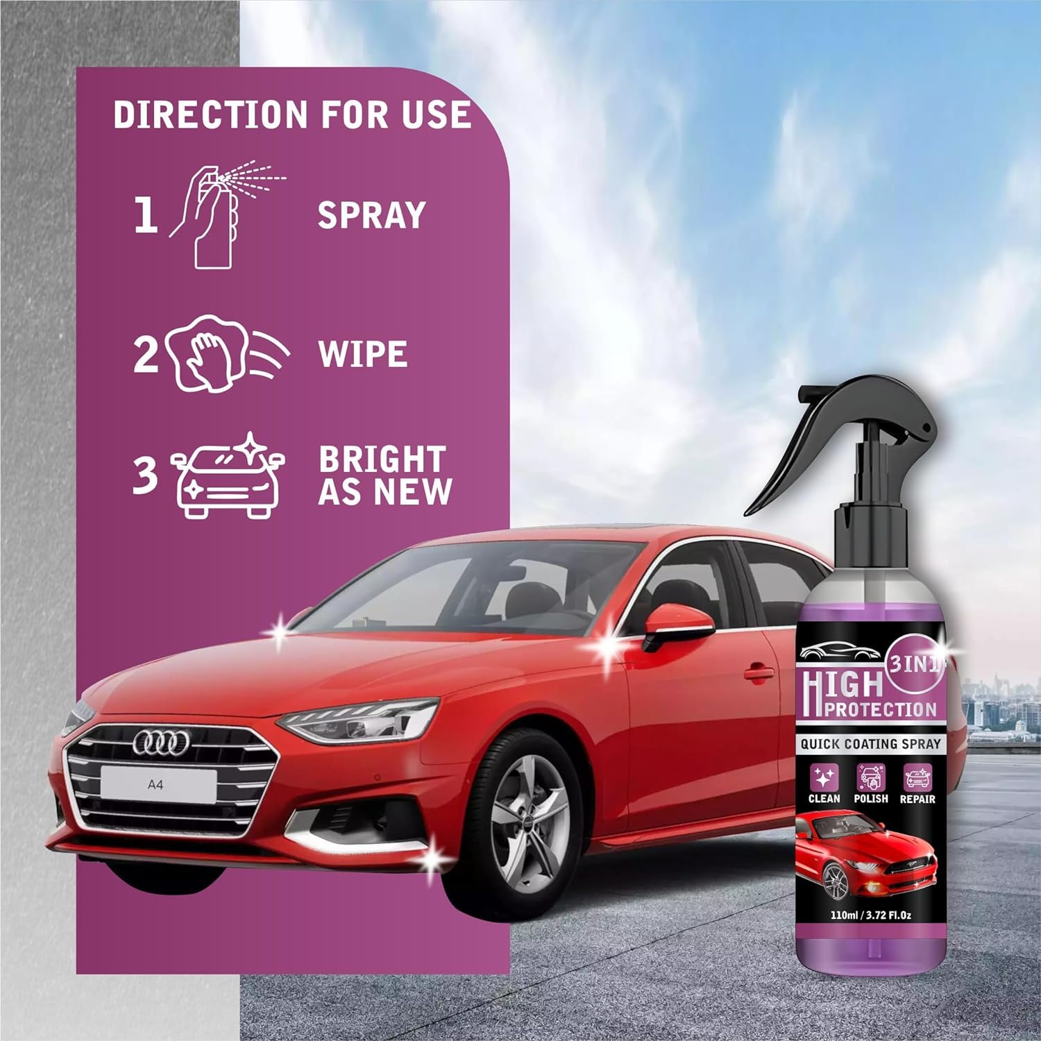 UCRAVO 1 PCS High Protection 3 in-1 Quick Coating Spray, Scratch Repair, Fast Wax Polishing, Scratch Repair Ceramic Coating Hand Spray, Waterless Car Wash Cleaning Spray