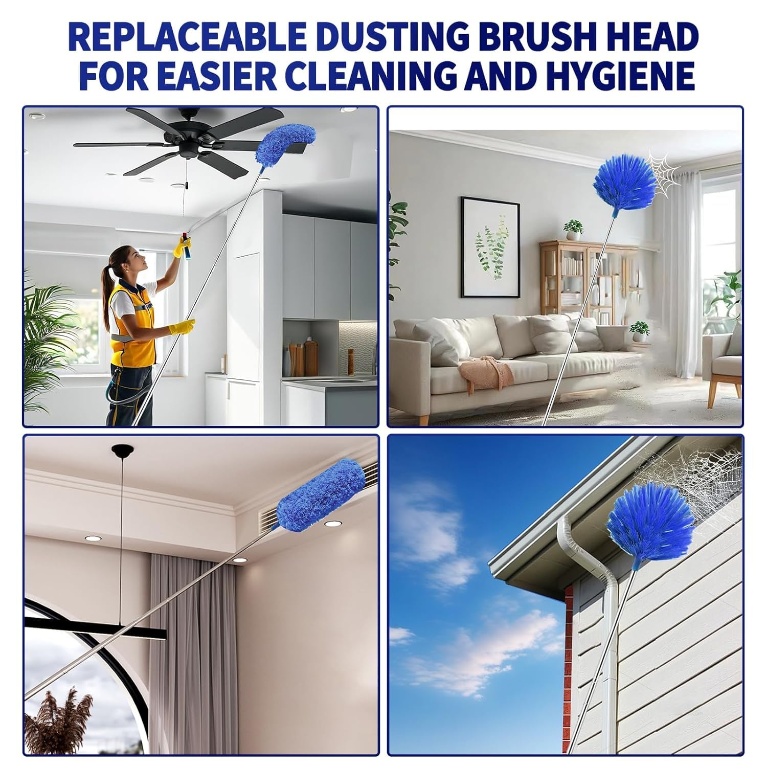 UCRAVO 3 in 1 Microfiber Feather Duster Set with 100 Inch Extendable Pole | 4 PCS Bendable Washable Fan Cleaning Brush for Ceiling Fans, High Ceilings, Cobwebs, Furniture, Walls & Home Dusting