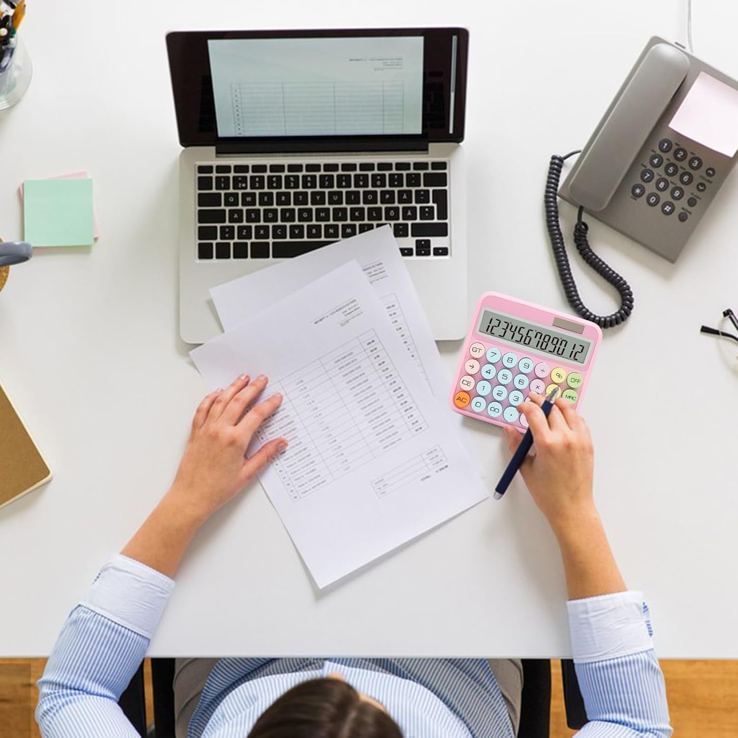 UCRAVO Cute Pink Calculator, 12-Digit Large LCD Display, Pastel Mechanical Round Button, Big Size Desktop Adding Machine for Office, School & Home, Aesthetic Stationery