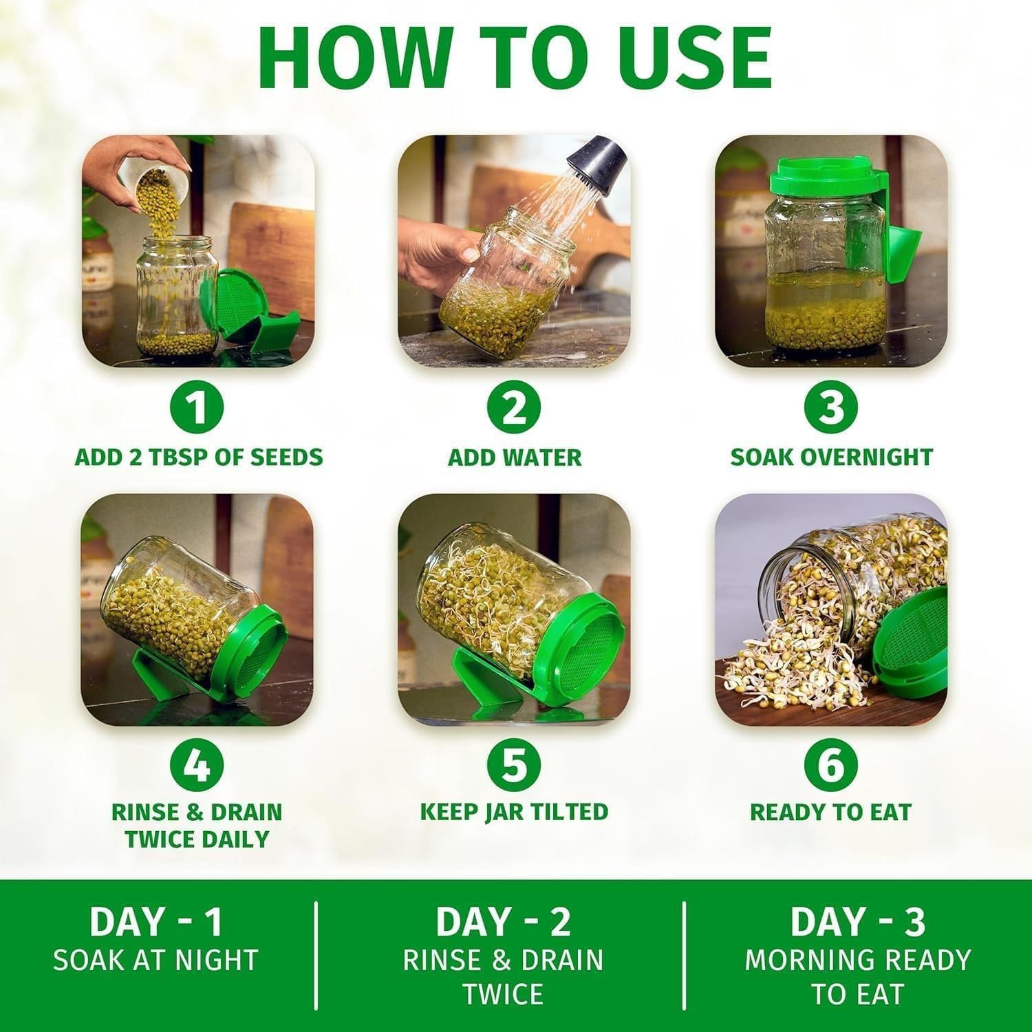 UCRAVO 720 ML Glass Sprout Growing Container with Stainless Steel Mesh Lid & Angled Drainage Stand | Beginner Friendly DIY Sprouter for Organic Seeds, Beans, and Microgreens Kit