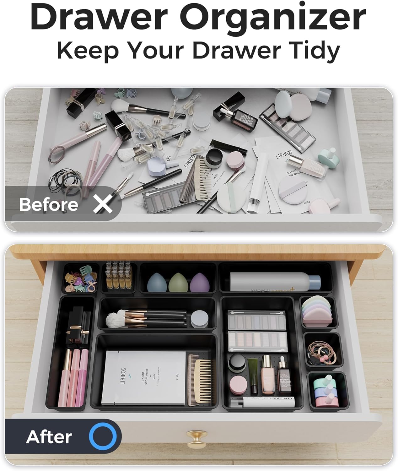 UCRAVO 8 Pcs Black Interlocking Desk Drawer Organizer Set | Multi-Size Plastic Storage Bins & Drawer Dividers for Home Office, Kitchen Cutlery, Stationery, and Vanity Makeup Storage