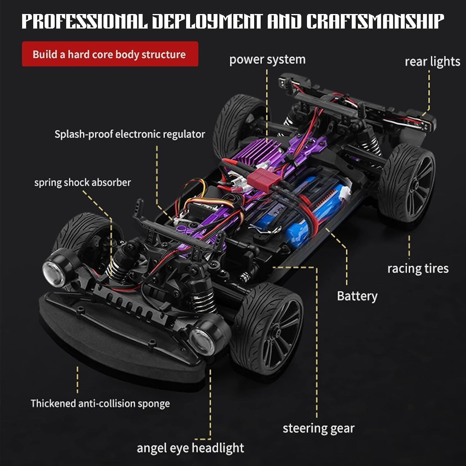 UCRAVO 1:16 Scale High Speed Drift Racing Remote Control Car 4WD 38KM/H | 2.4GHz Wireless RC Drift Car with LED Headlights | Rechargeable Battery, Extra Drift Tires & Tool Kit | Fast RC Racing Car