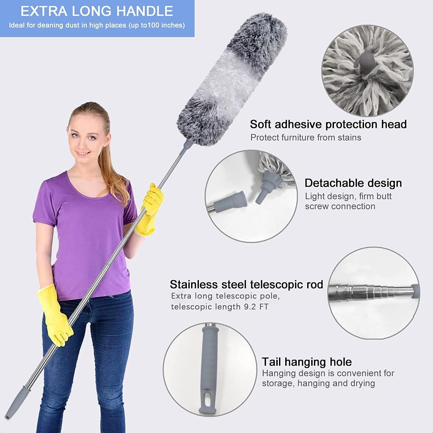 UCRAVO 3 in 1 Microfiber Feather Duster Set with 100 Inch Extendable Pole | 4 PCS Bendable Washable Fan Cleaning Brush for Ceiling Fans, High Ceilings, Cobwebs, Furniture, Walls & Home Dusting