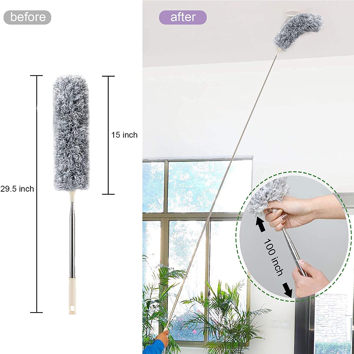 UCRAVO 3 in 1 Microfiber Feather Duster Set with 100 Inch Extendable Pole | 4 PCS Bendable Washable Fan Cleaning Brush for Ceiling Fans, High Ceilings, Cobwebs, Furniture, Walls & Home Dusting