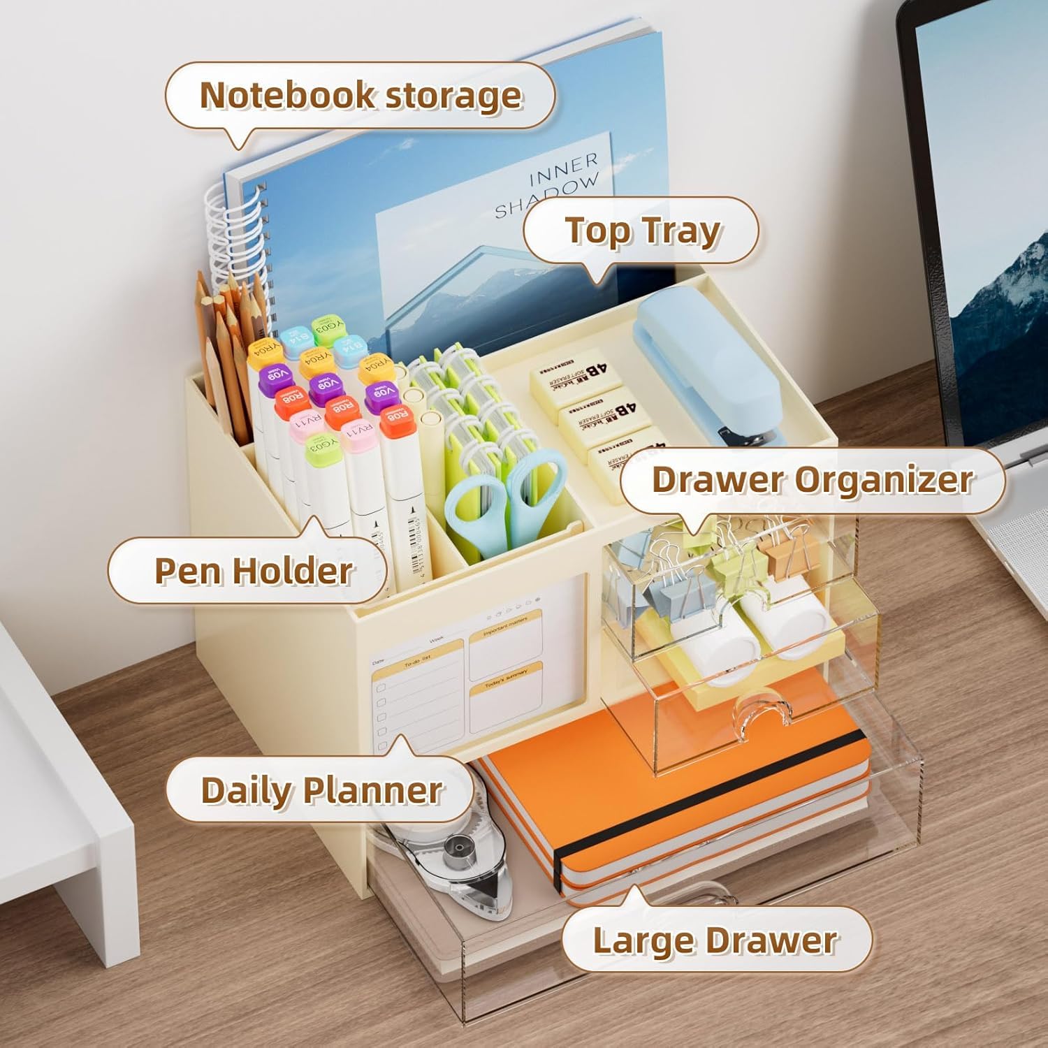 UCRAVO Student Desk Organizer and Storage with 3 Drawers | Aesthetic Pastel Beige Clutter Control Solution | Multi-Functional Large Capacity Table Organizer for Study, School Supplies & Office Use