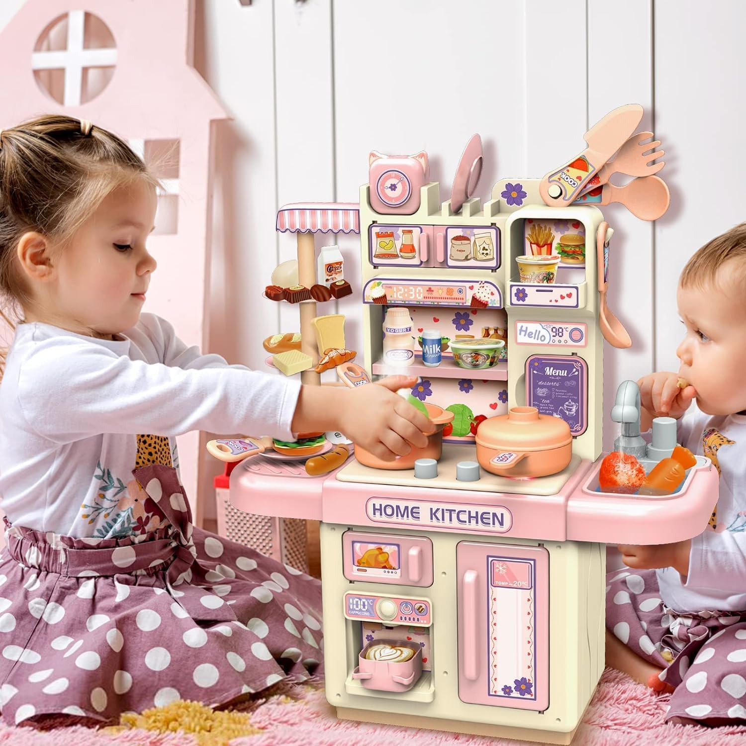 UCRAVO Kids Kitchen Play Set with Light & Sound, Pretend Play Cooking Set for Kids, Mini Kitchen Toy with Sink, Stove, Utensils & Food Accessories, Educational Role Play Toy for Boys Girls 3+ Years