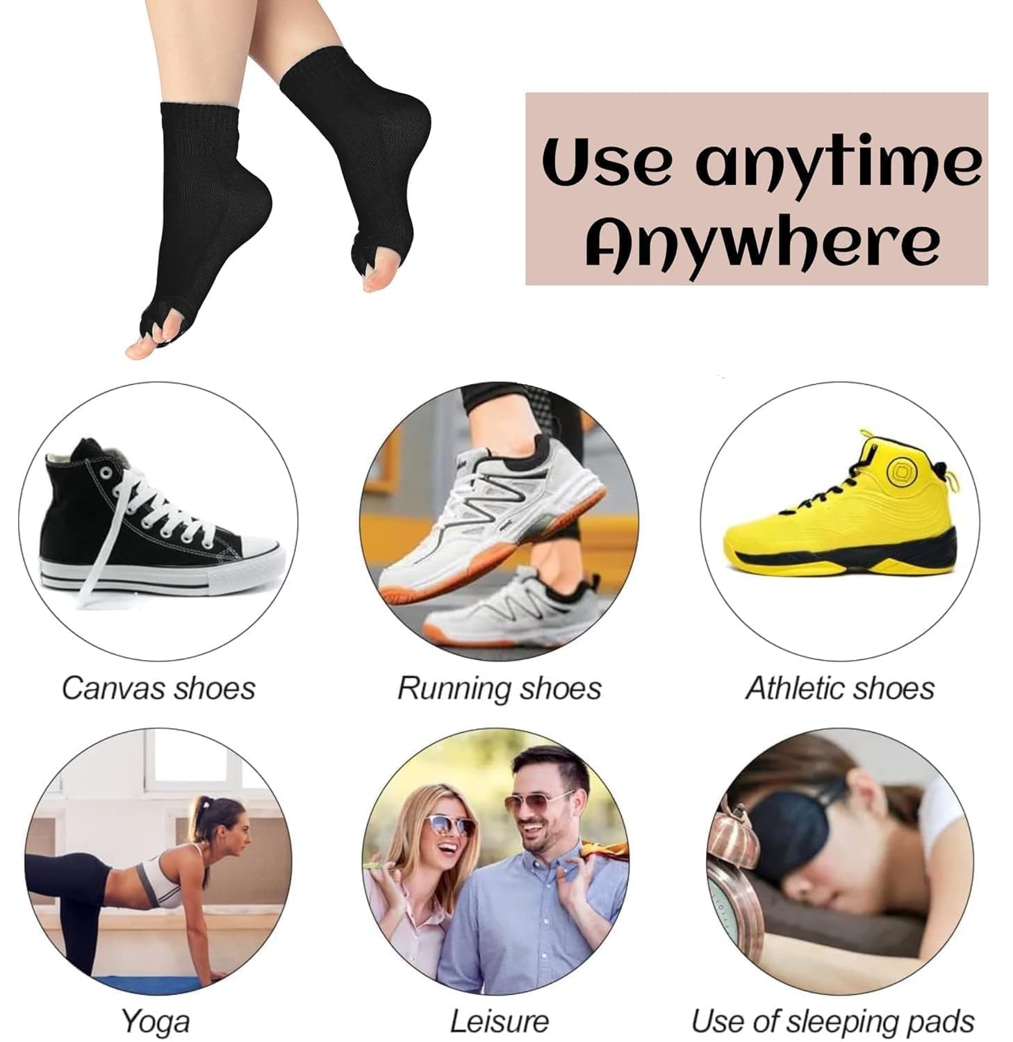 UCRAVO Ribbed Toe Separator Socks for Yoga, Pedicure & Foot Alignment | Open Toe Five Finger Socks for Toe Stretching, Bunion Relief, Balance & Foot Comfort | Soft Breathable Fabric | Black