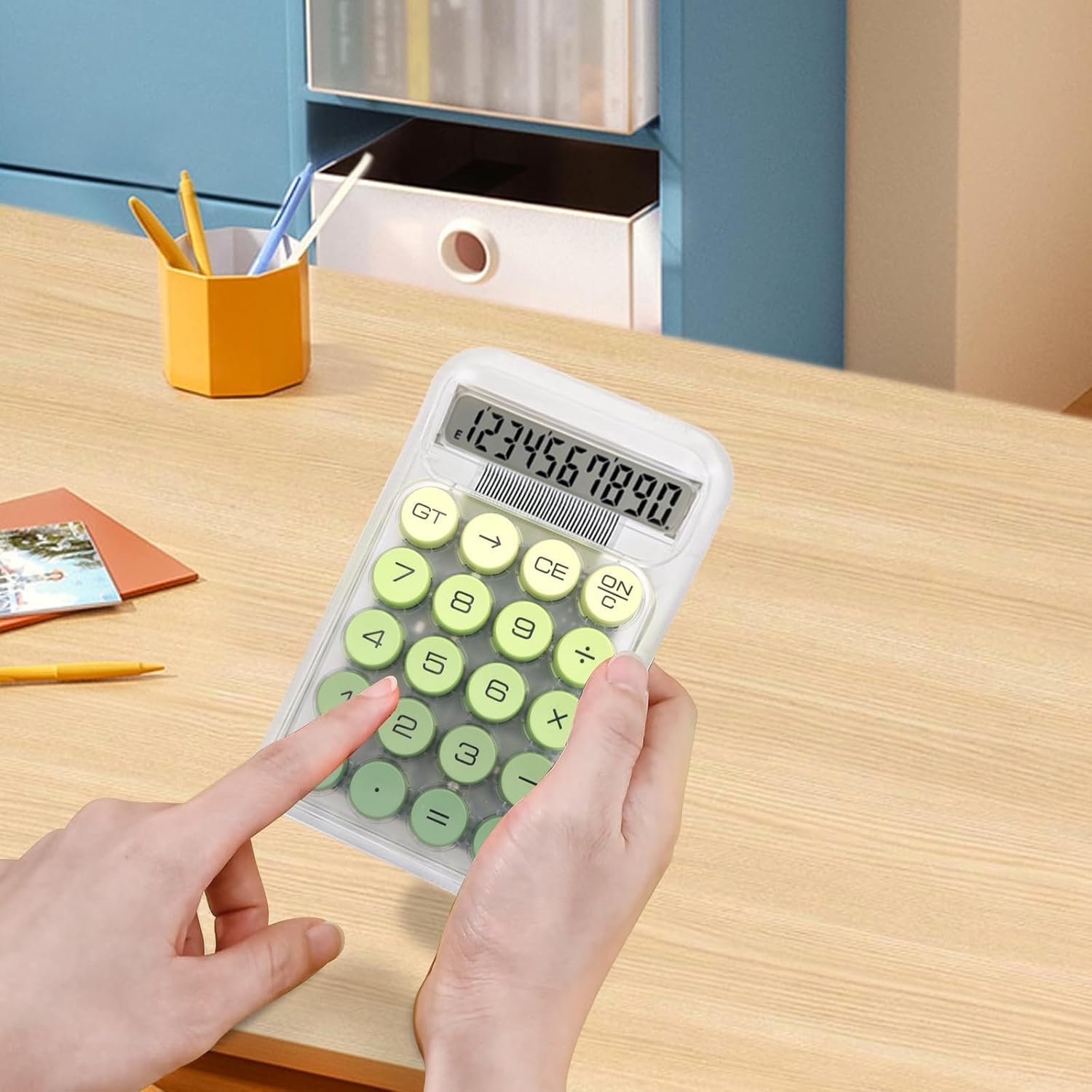UCRAVO Clear Green Calculator, 10-Digit Desktop Adding Machine, Green Mechanical Round Buttons, Transparent Aesthetic Keypad, Small Basic for Office & School