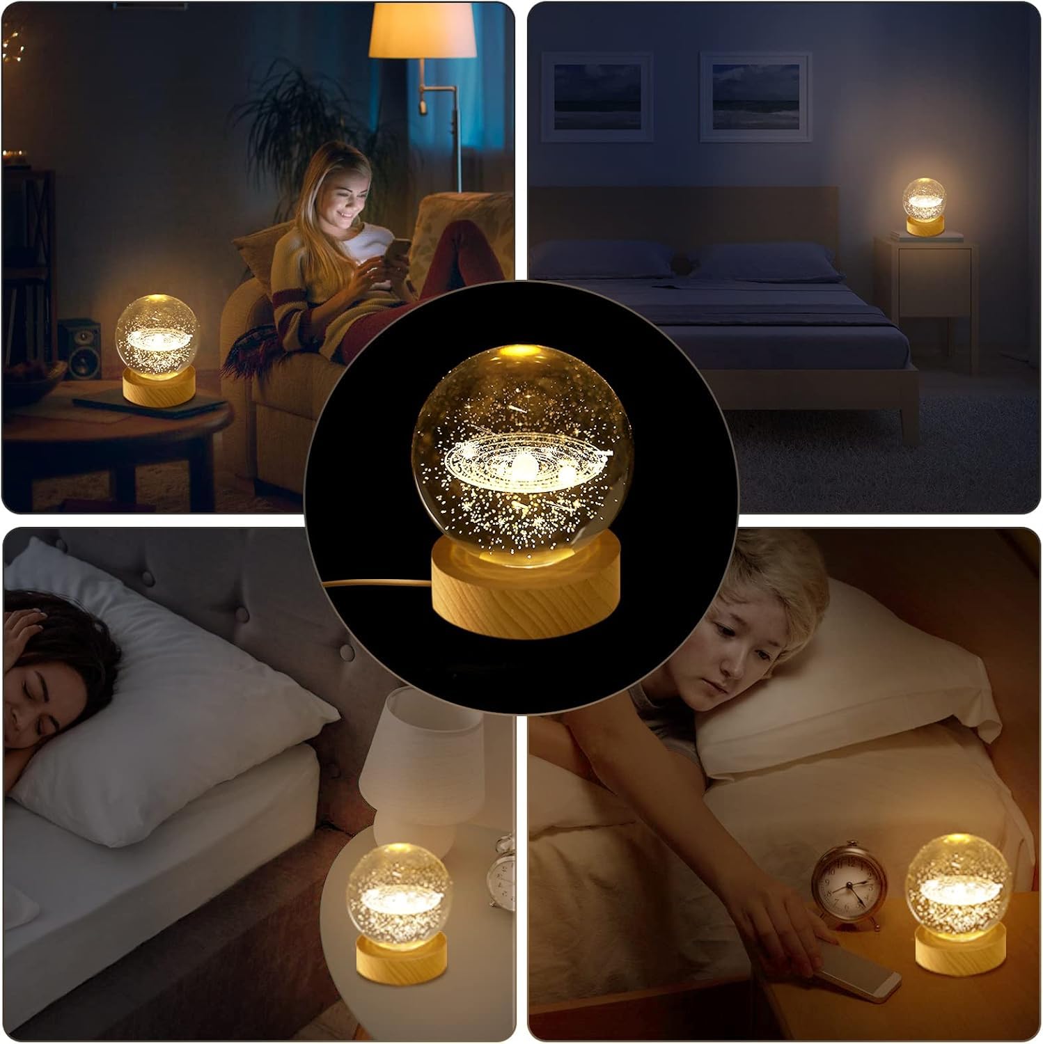 UCRAVO 3D Galaxy Crystal Ball with Wooden Base, 3D Crystal Ball Solar System, Planet Engraved Glass Ball Cosmic Model, Luminous Crystal Ball for Christmas Nightlight Astronomy Gifts for Kids Birthday