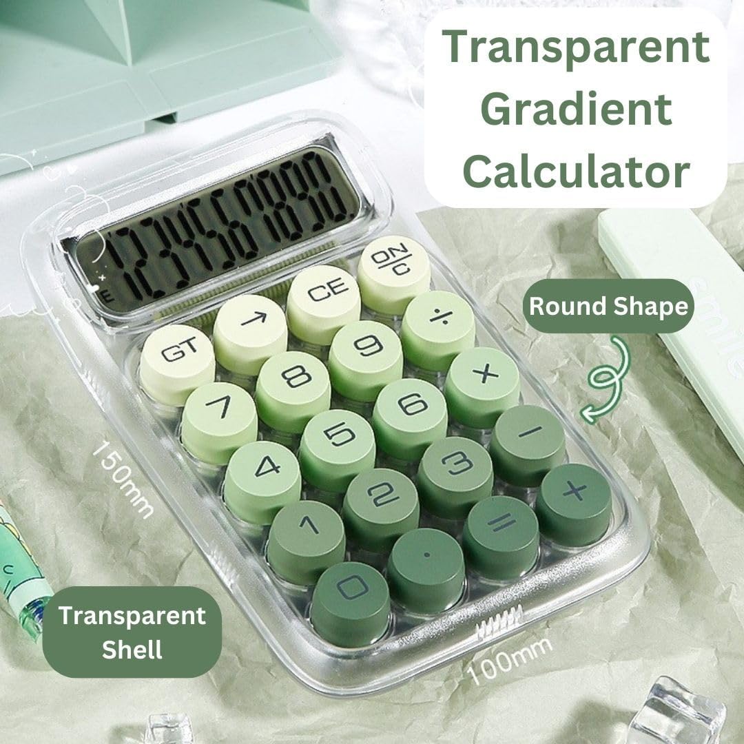 UCRAVO Clear Green Calculator, 10-Digit Desktop Adding Machine, Green Mechanical Round Buttons, Transparent Aesthetic Keypad, Small Basic for Office & School