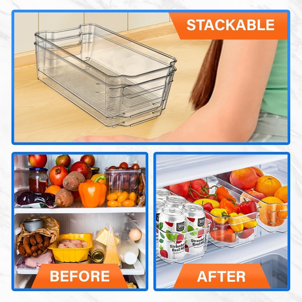 UCRAVO Refrigerator Storage Bins for Kitchen Organization 4 Clear Plastic Fridge Basket with Easy Grip Handle Multipurpose Stackable Pantry Containers for Vegetables, Fruits, Packets & Food Items
