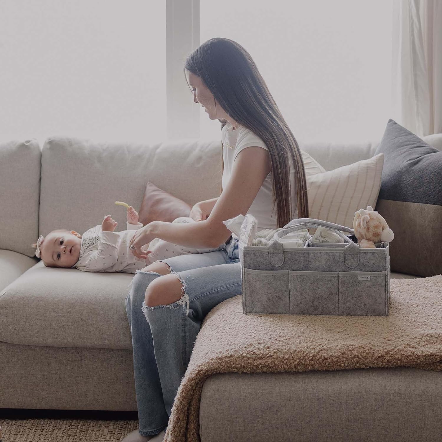 UCRAVO Baby Diaper Organizer,Diaper Caddy Felt Storage Box with Pocket,Portable Baby Wipes Basket with Compartment,Nursery Storage Bin Foldable Carrying Bag Organizer for Car Travel -Blue