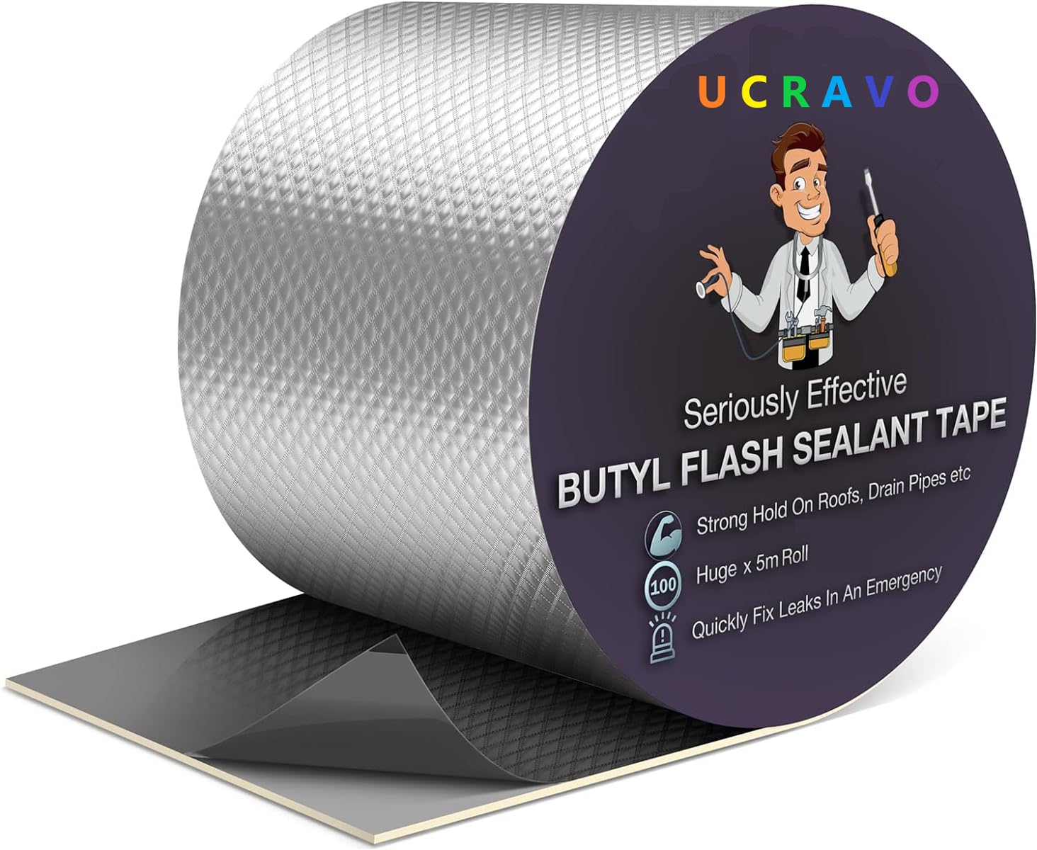 UCRAVO Super Strong Adhesive Waterproof Permanent Repair Aluminum Butyl Tape Rubber Foil Suitable for Roof Leak, Surface Crack, Window Sill Gap, Boat Sealing, Home Renovation(5CM*5M), Silver