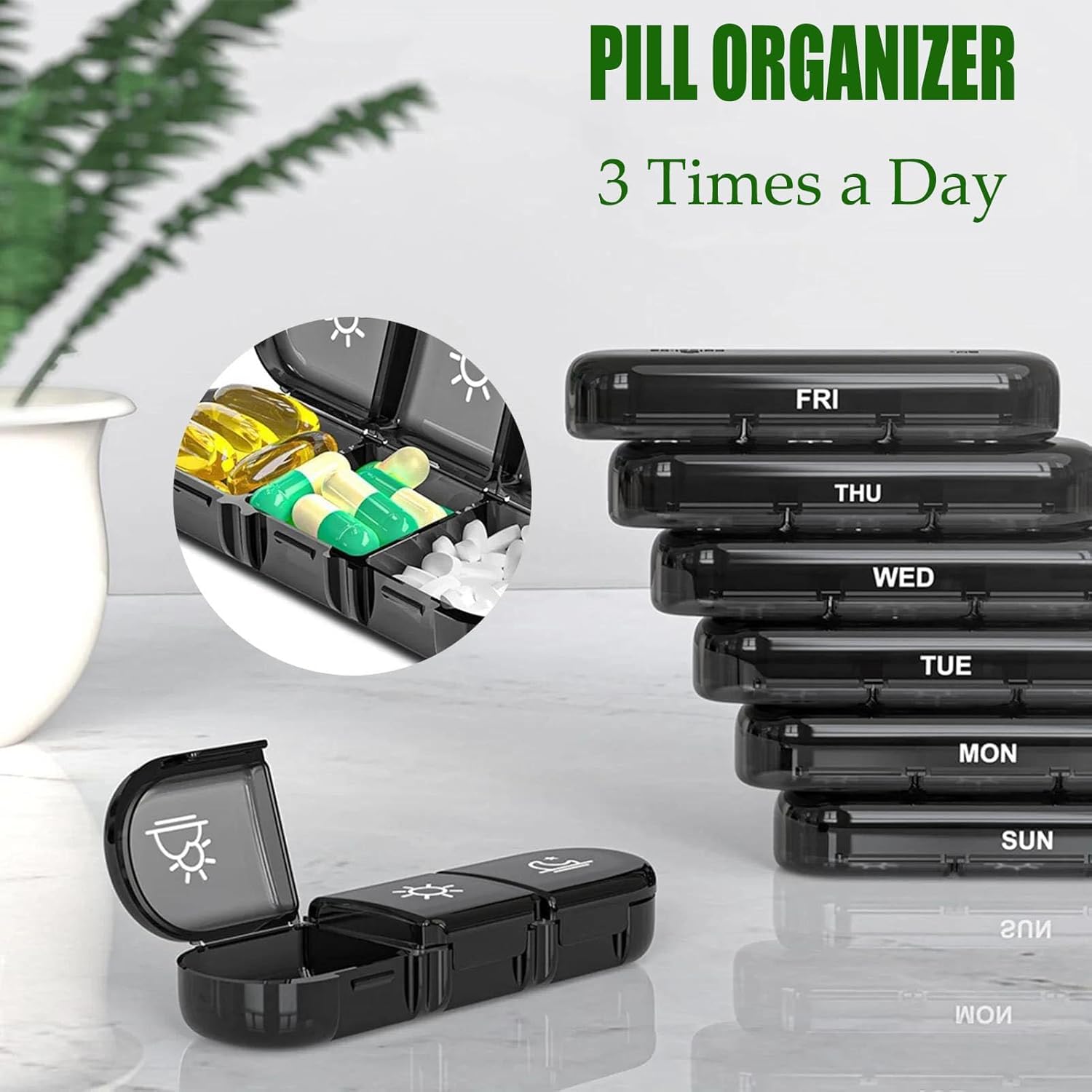 UCRAVO Weekly Pill Organizer 7 Days with AM PM Icons |Removable Daily Pill Boxes | Leak-Proof Medicine Case for Tablets, Vitamins & Supplements | BPA-Free Travel Pill Box for Adults & Seniors (Black)