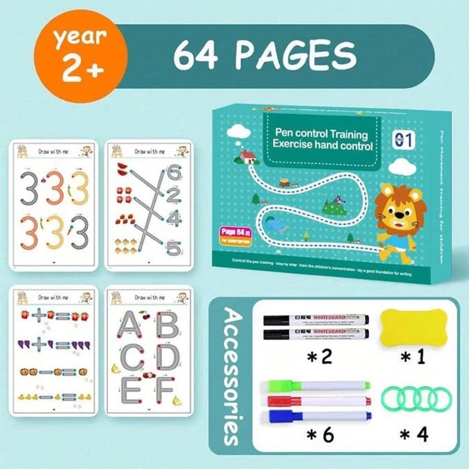 UCRAVO Pen Control Training Cards for Kids | 64 Pages Reusable Early Learning Writing Practice Book | Preschool Handwriting Workbook | Drawing, Tracing, Number & Pattern Learning for Children