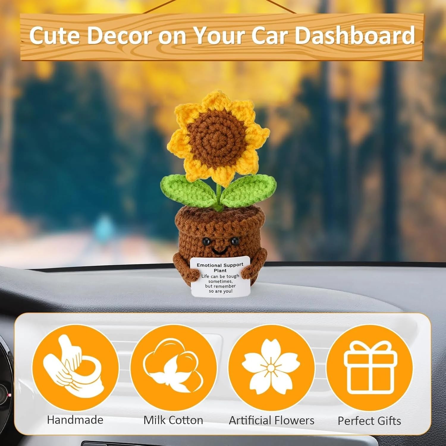 UCRAVO Emotional Support Crochet Sunflower Plant with Pot – Handmade Knitted Sunflower Plush Decor with Positive Card, Cute Desk Decor Plant for Office, Home, Car Dashboard |Funny Encouragement Gift
