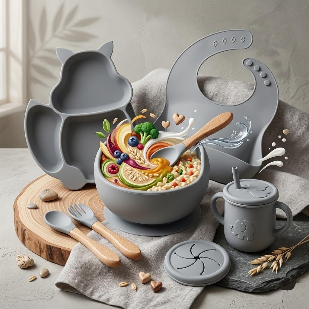 UCRAVO Grey Silicone Baby Feeding Set 6PCS Toddler Dinnerware Set with Strong Suction Bowl & Divided Plate, Adjustable Waterproof Bib with Food Catcher, Spill Proof Straw Sippy Cup, Baby Spoon & Fork