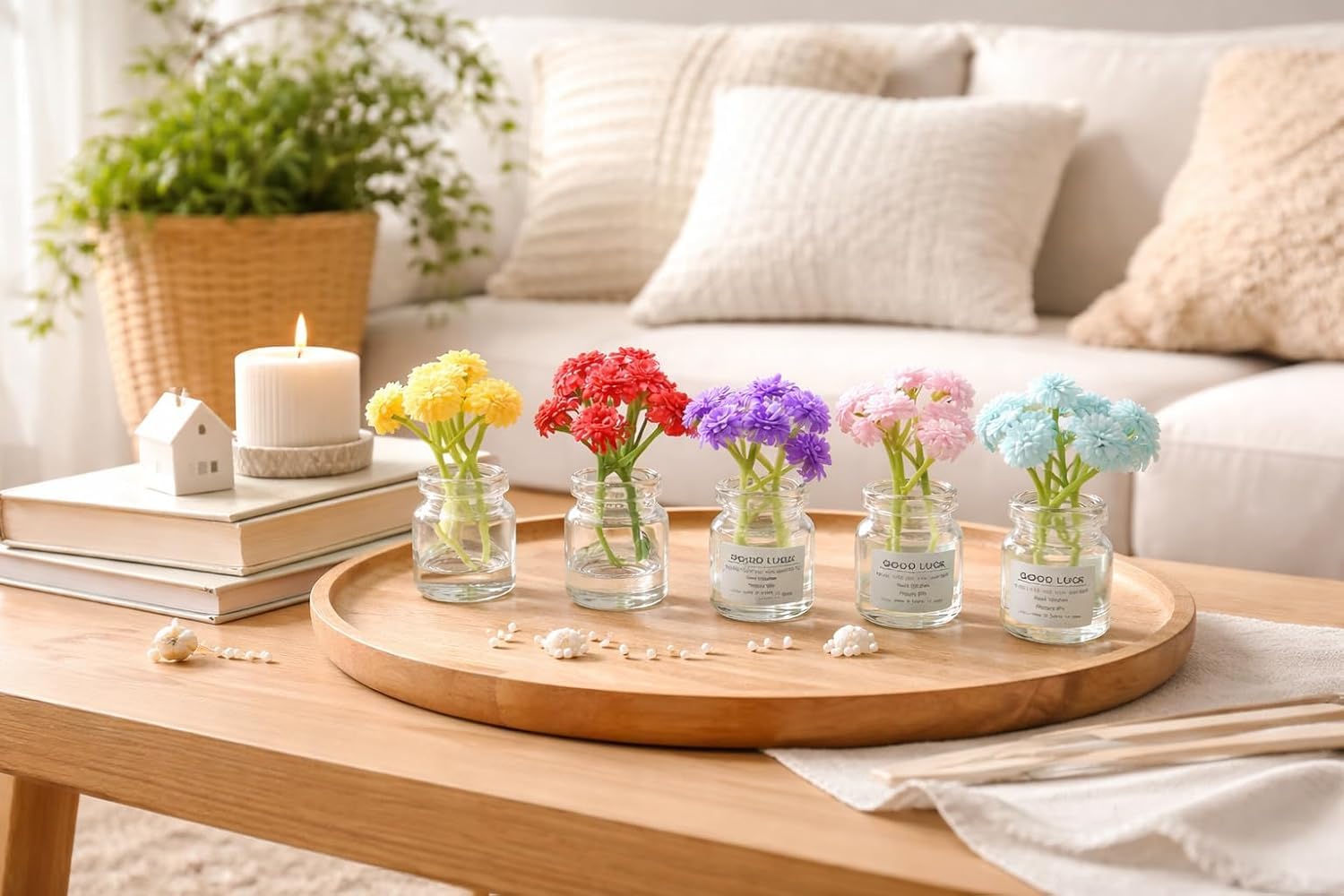 UCRAVO Mini Artificial Flower Vase Set of 6 – Small Glass Bud Vases with Faux Flowers – Decorative Clear Bottle Vases for Living Room, Bedroom, Office Desk, Coffee Table, Rustic Farmhouse Home Decor (pack of 6)