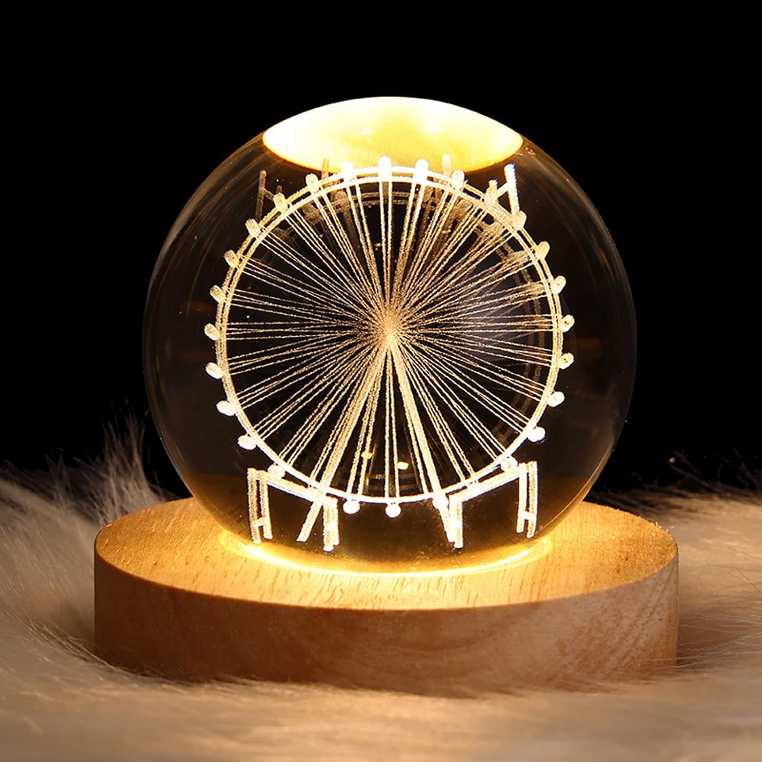 UCRAVO 3D Crystal Ball Night Light Space Lamp Decorlamp Glass Ball with Wooden Base, Birthday Astronomy Gift for Teens Boys Kids Nightlight Bedroom Home Decor Accessories(Ferris Wheel)