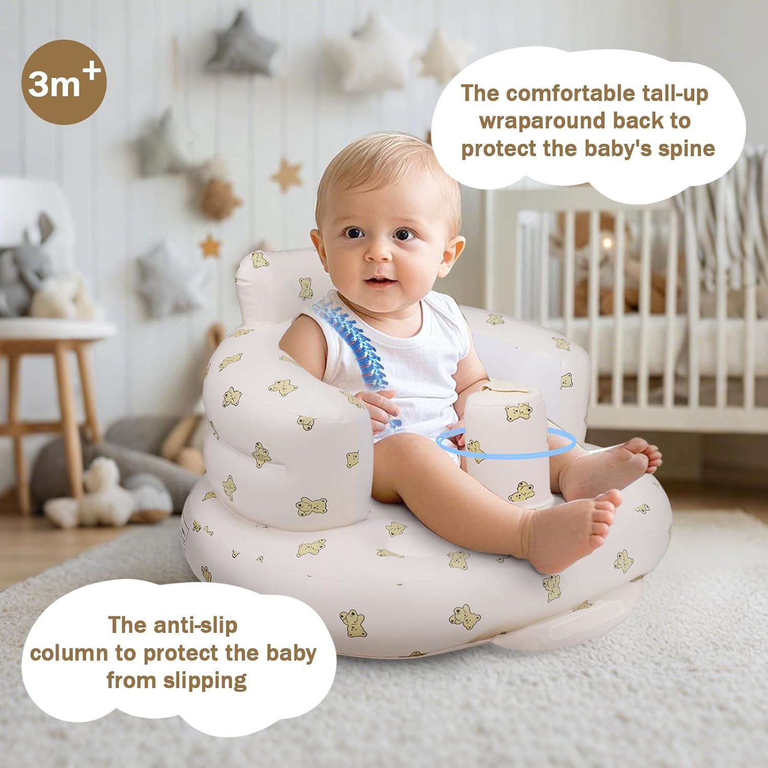 UCRAVO Baby Inflatable Sofa Seat for Sitting Practice Infant Support Chair with Backrest, Arm & Safety Bumper | Soft Air Filled Baby Floor Seat for 3–12 Months | Portable Baby Sitting Training Chair