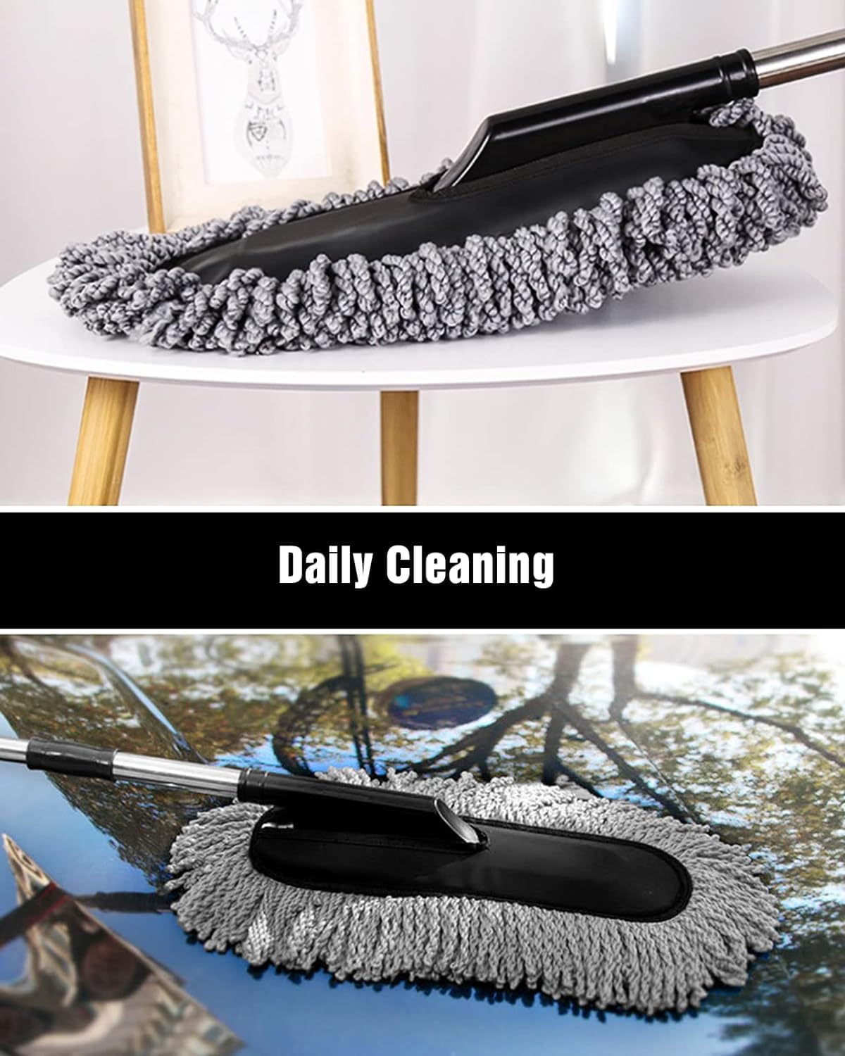 UCRAVO 1 PCS Car Duster, Extendable Long Handle Microfiber Car Duster Exterior Scratch Free Car Cleaning Tool, Car Dust Brush for Truck (Car Cleaning Duster), Black